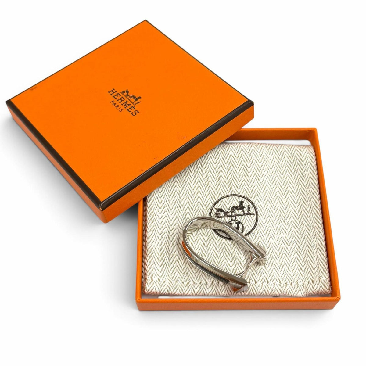 Hermes Silver Black Epsom Leather Metal Band Ring (Pre-Owned)