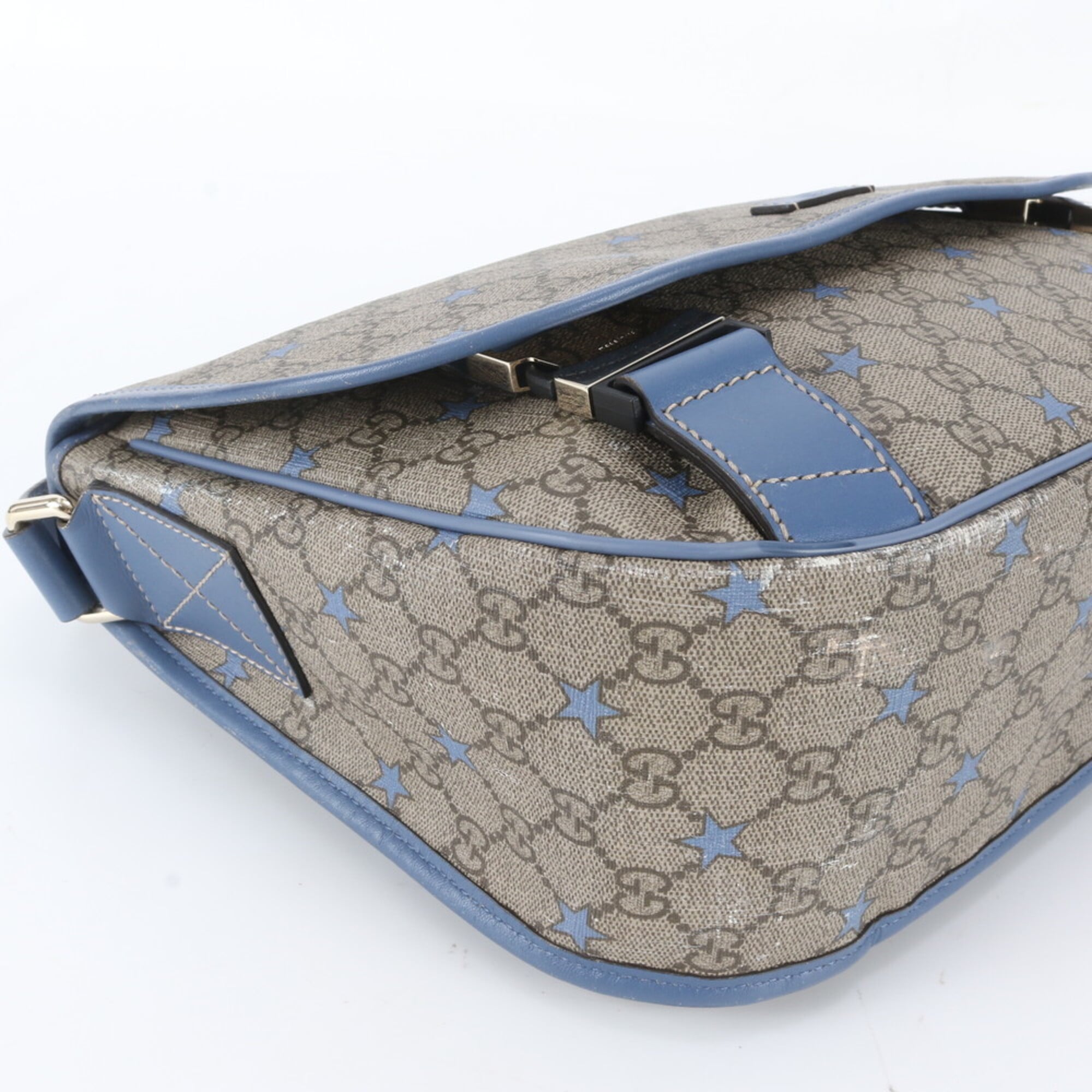 Gucci Blue Brown Leather Coated Canvas Shoulder Bag Tote Bag (Pre-Owned)