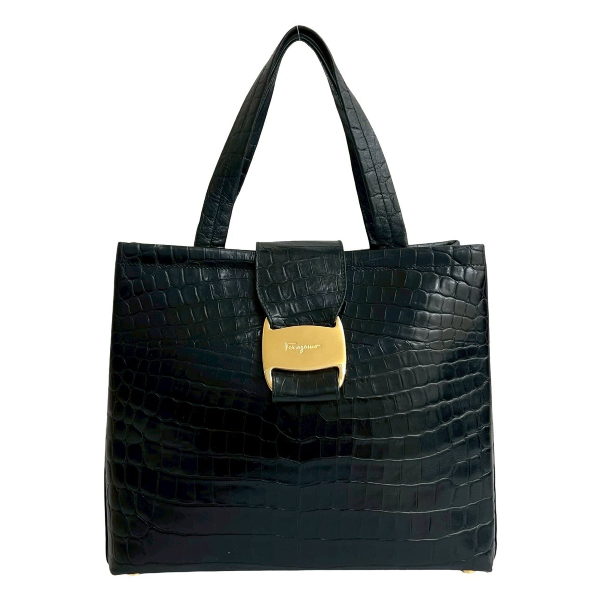 Salvatore Ferragamo Black Leather Handbag Tote Bag (Pre-Owned)