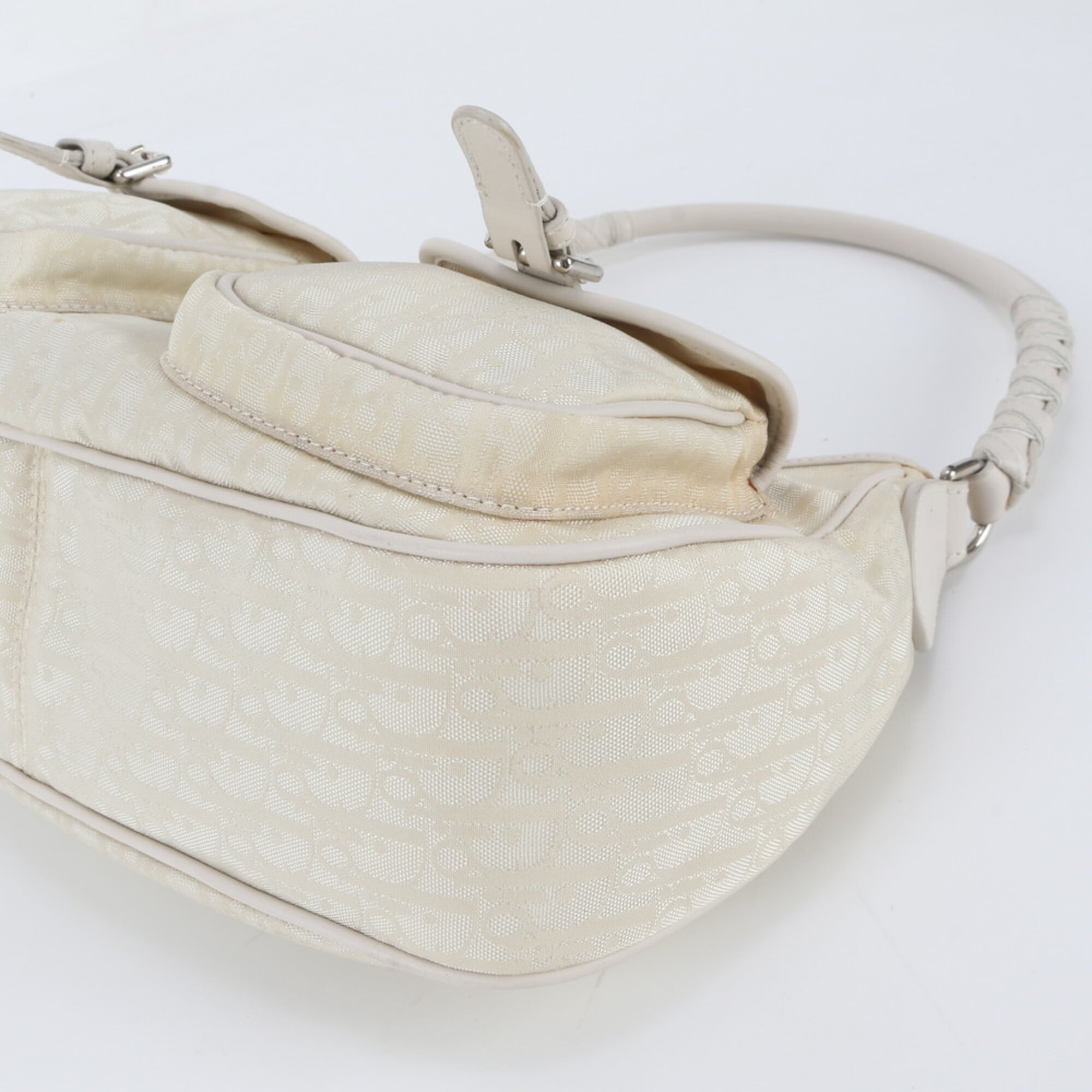 Christian Dior White Leather Nylon Handbag Shoulder Bag Tote Bag (Pre-Owned)