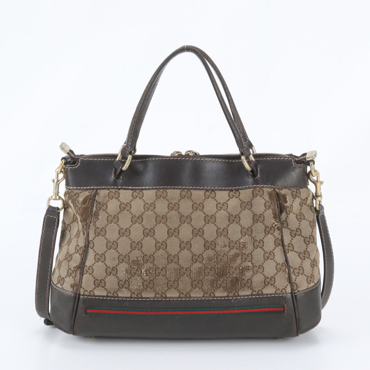 Gucci Beige Brown Leather Canvas Handbag Shoulder Bag Tote Bag (Pre-Owned)