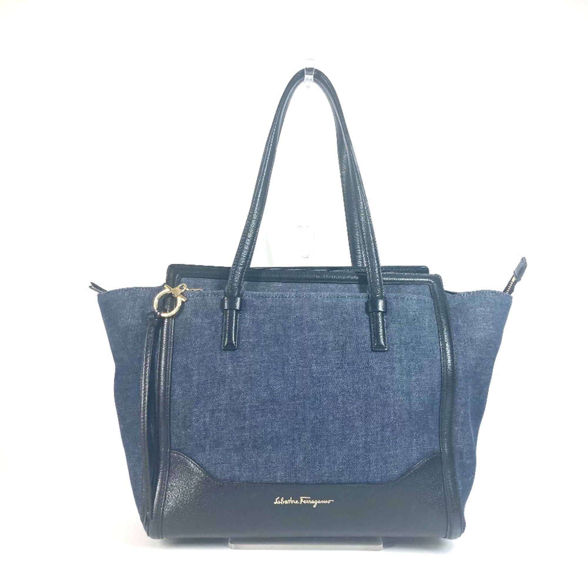 Salvatore Ferragamo Black Blue Denim Leather Handbag Shoulder Bag Tote Bag (Pre-Owned)