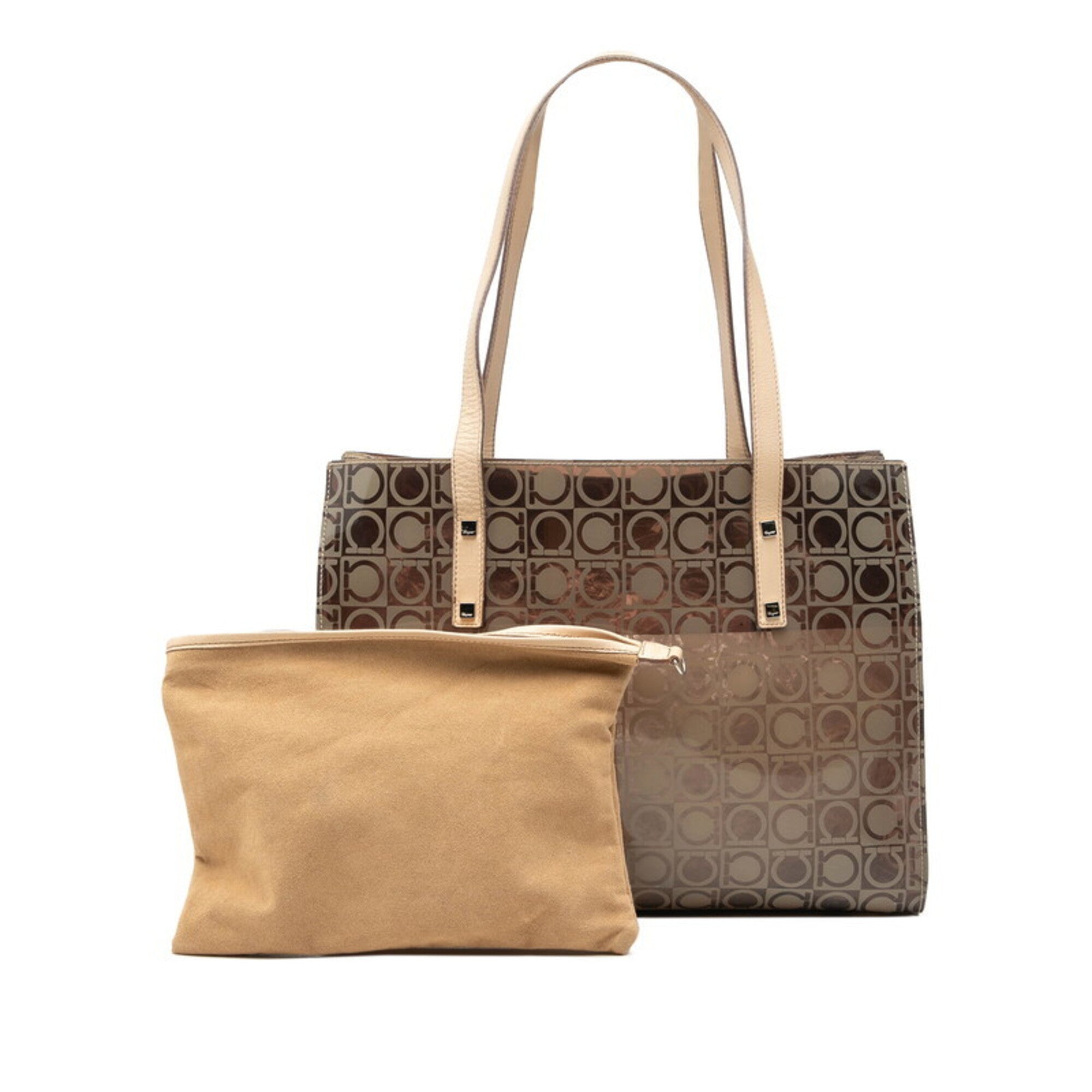 Salvatore Ferragamo Beige Brown Vinyl Leather Shoulder Bag Tote Bag (Pre-Owned)
