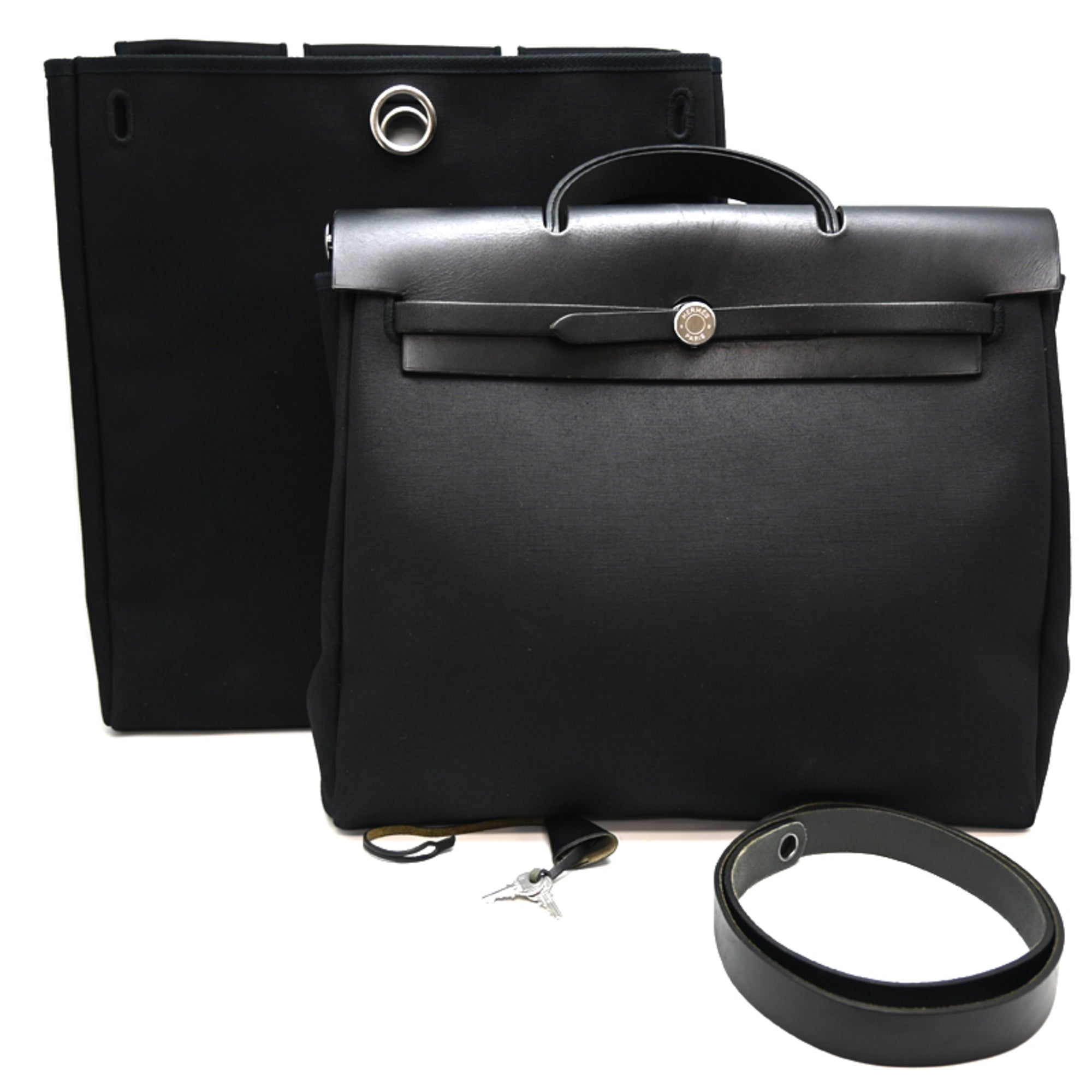 Hermes Black Toile Officier Leather Handbag Shoulder Bag (Pre-Owned)