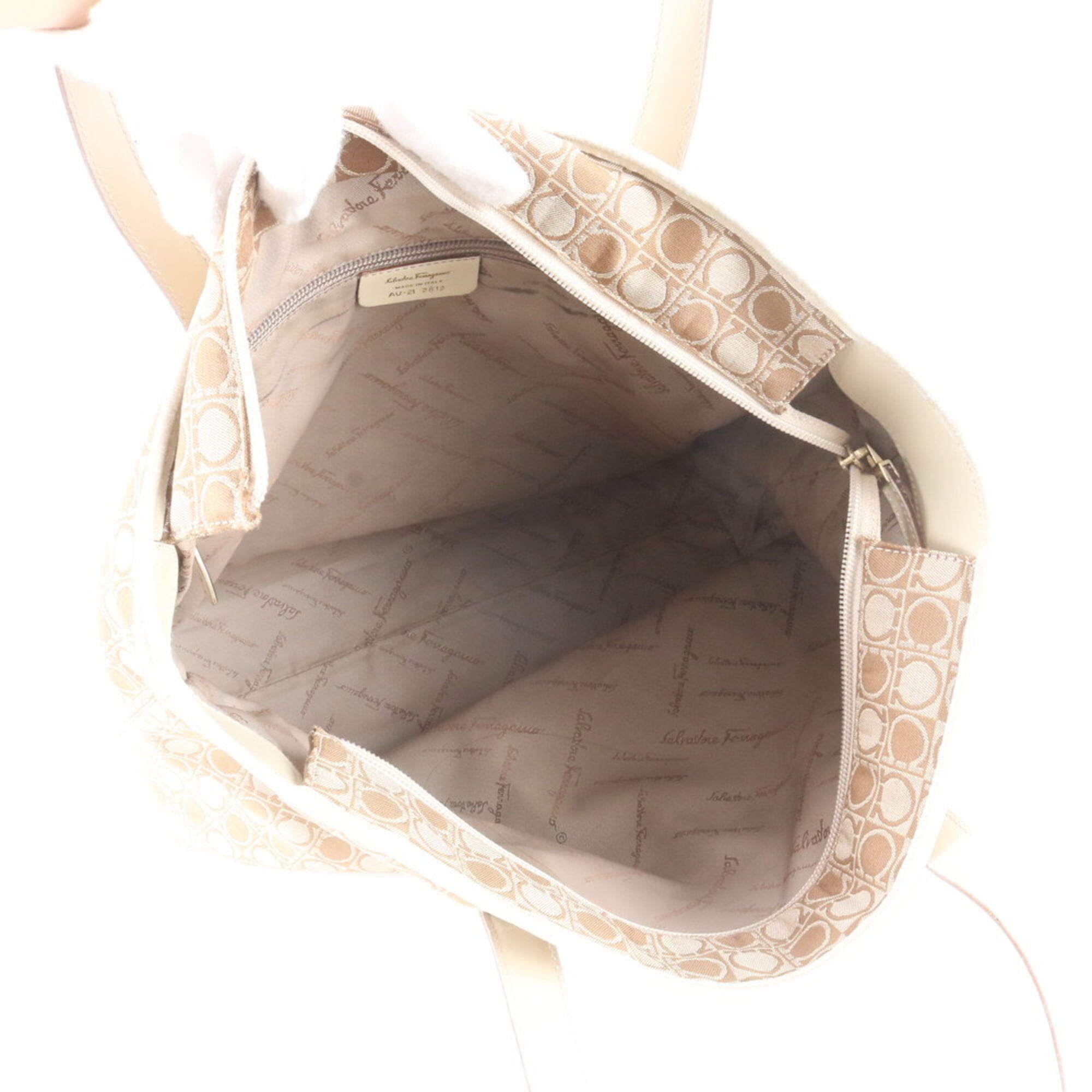 Salvatore Ferragamo Beige Leather Canvas Handbag Shoulder Bag Tote Bag (Pre-Owned)