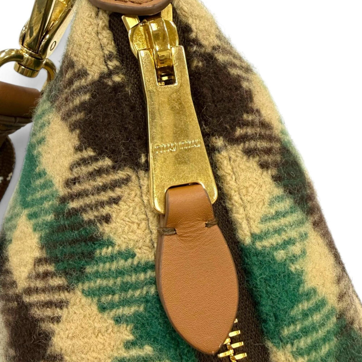 Miu Miu Brown Green Wool Cotton Leather Handbag Pouch (Pre-Owned)