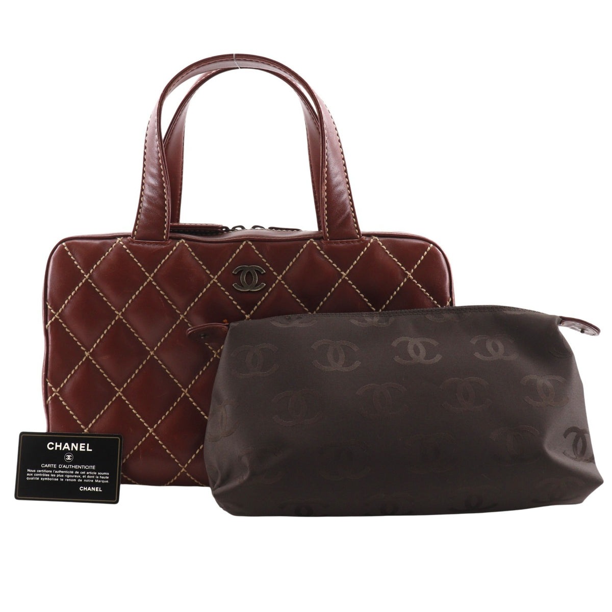 Chanel Wild Stitch Brown Red Color Leather Handbag (Pre-Owned)
