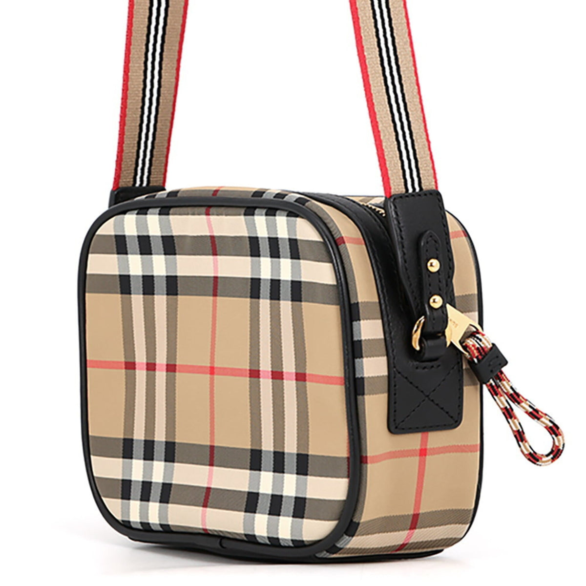 Burberry Beige Black Red Color Nylon Leather Handbag Shoulder Bag (Pre-Owned)