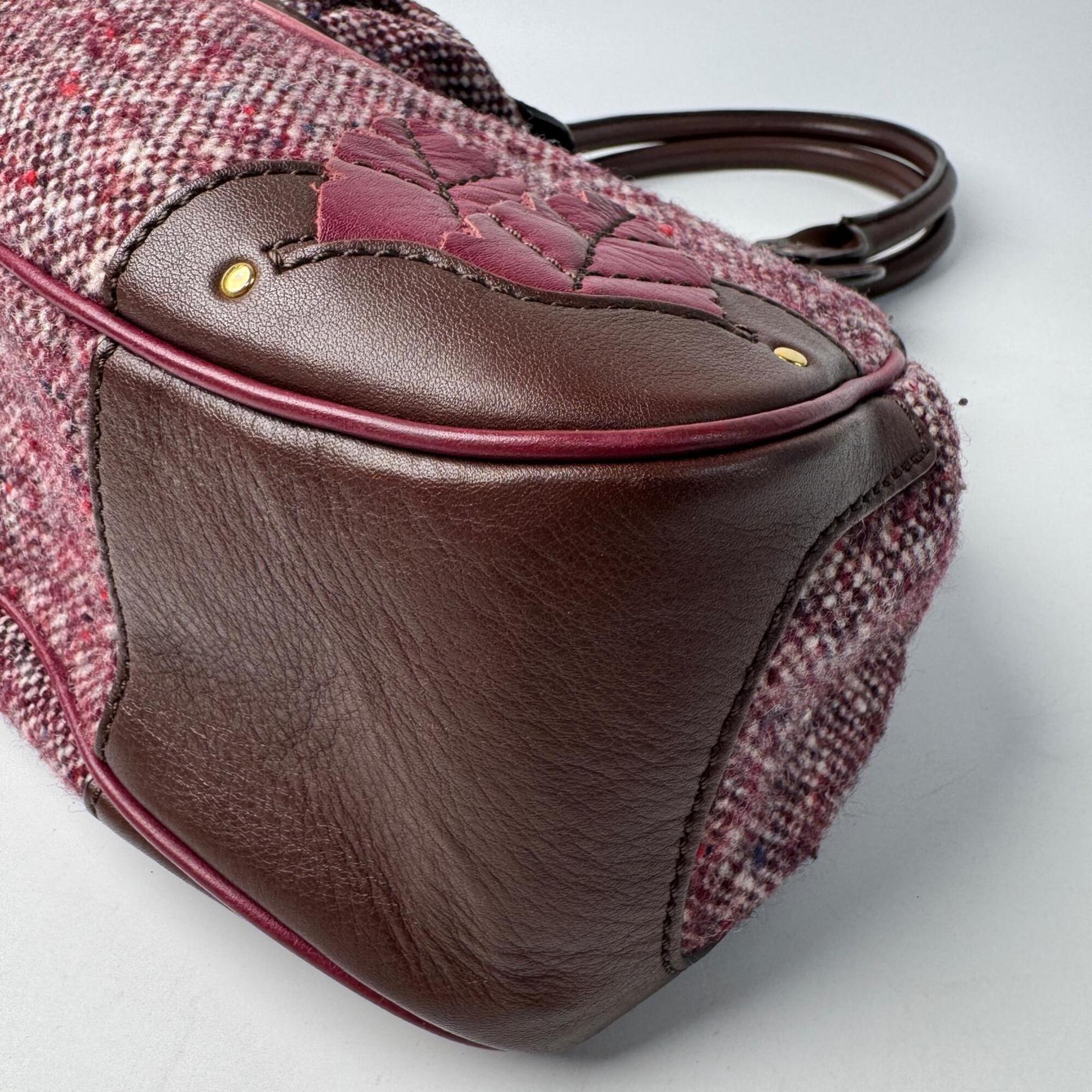 Celine Bordeaux Brown Pink Tweed Leather Handbag (Pre-Owned)