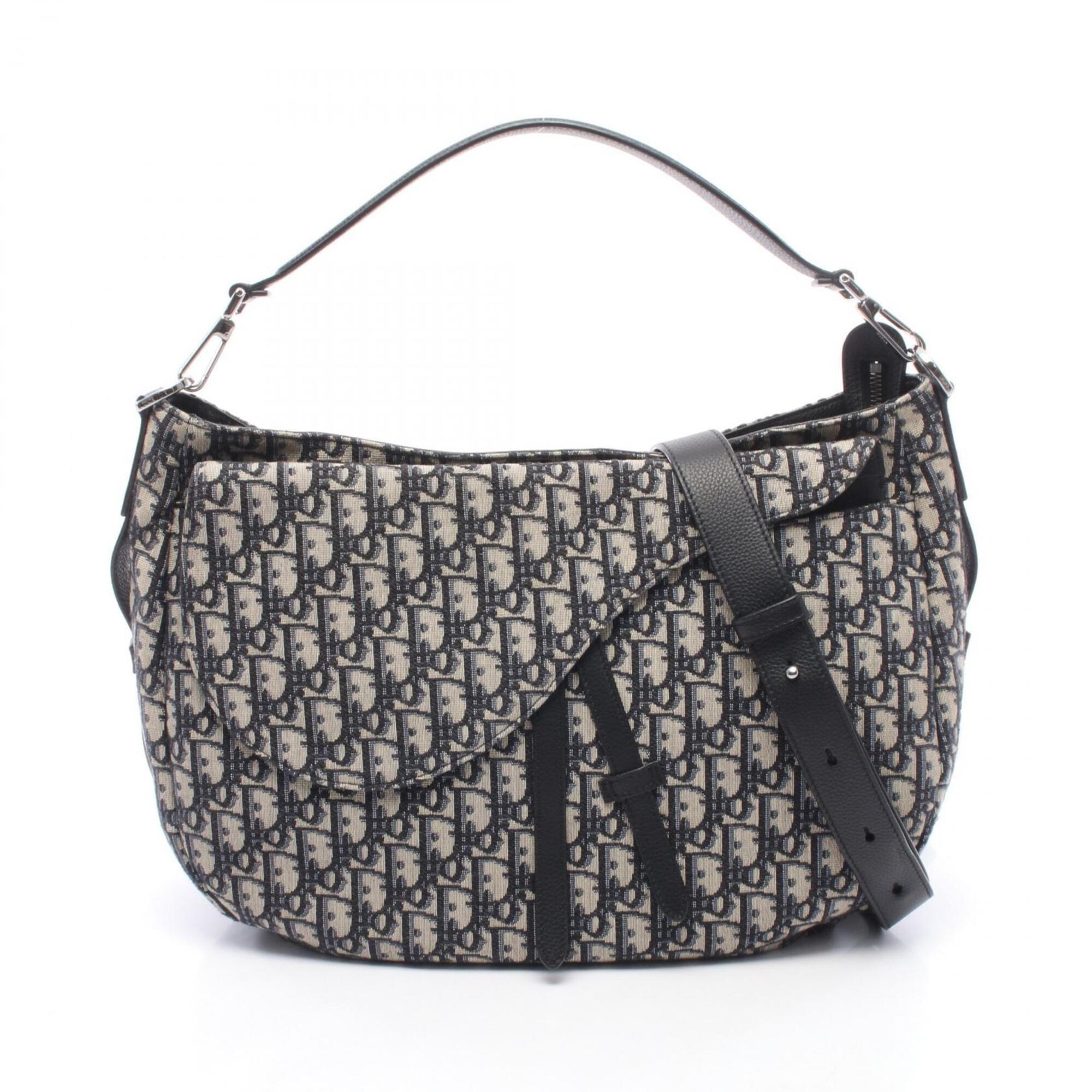 Christian Dior Beige Navy Canvas Leather Handbag Saddle Bag Shoulder Bag (Pre-Owned)