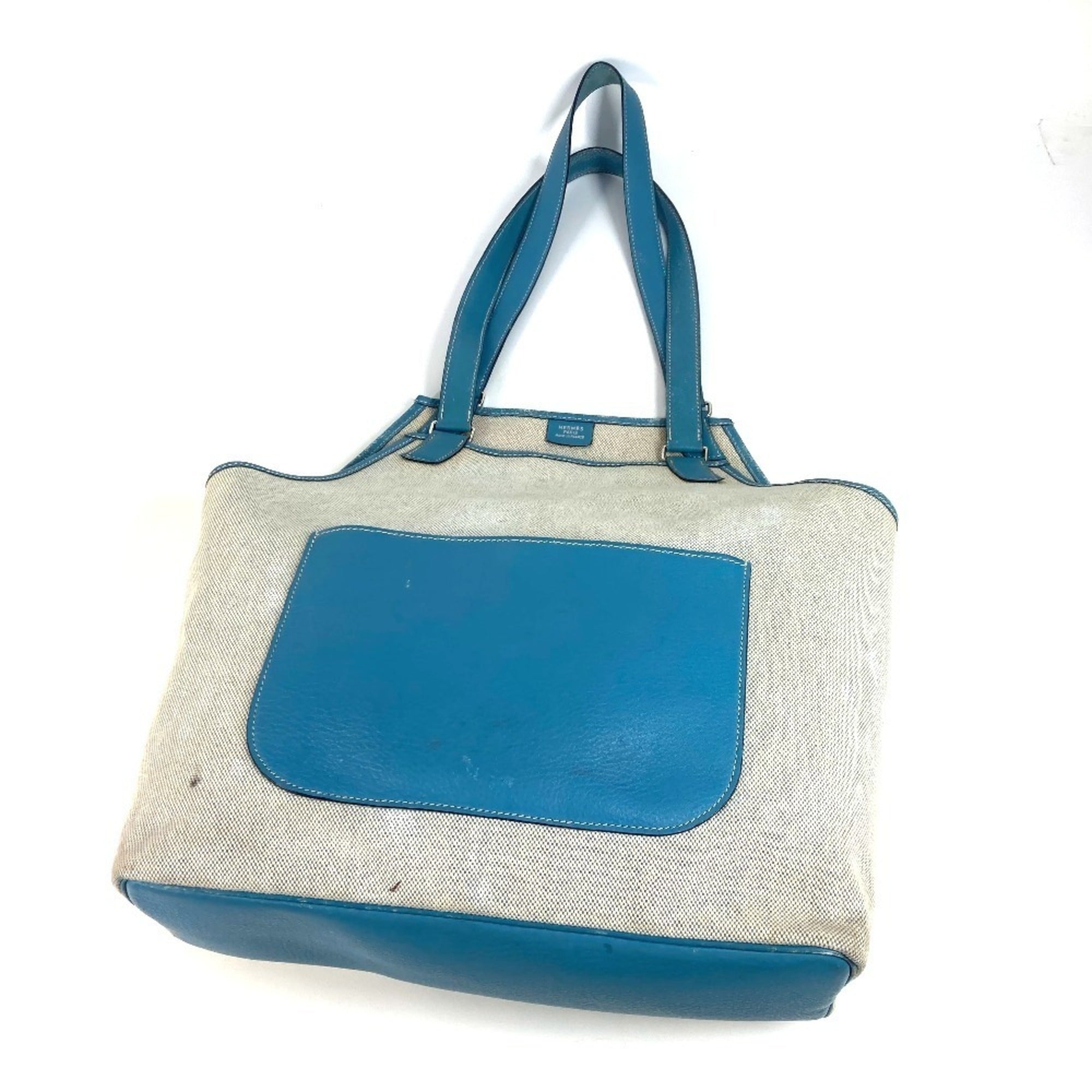 Hermes Jardinier Blue Leather Canvas Shoulder Bag Tote Bag (Pre-Owned)