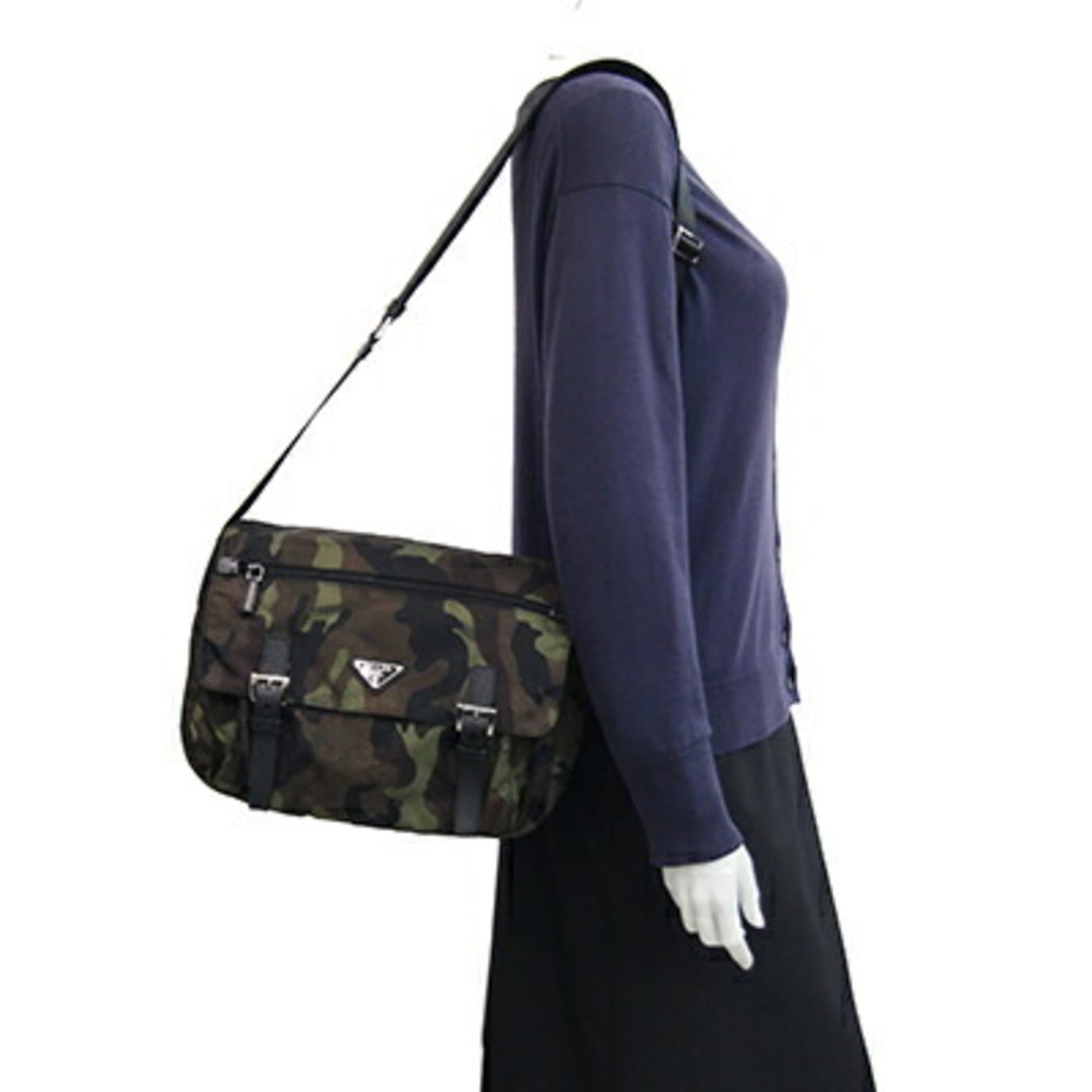 Prada Black Brown Green Khaki Nylon Leather Shoulder Bag (Pre-Owned)
