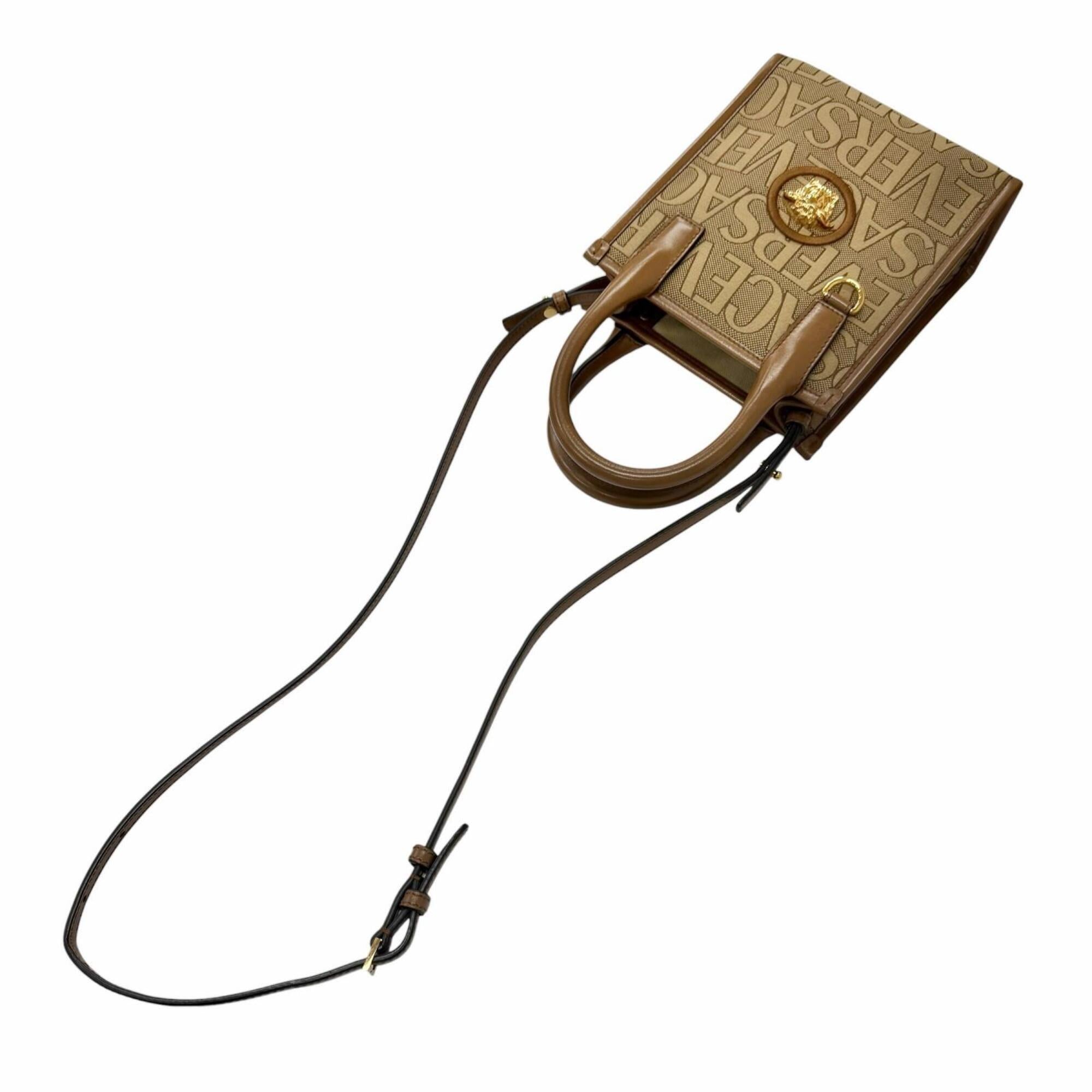 Versace Beige Brown Canvas Leather Handbag Shoulder Bag (Pre-Owned)