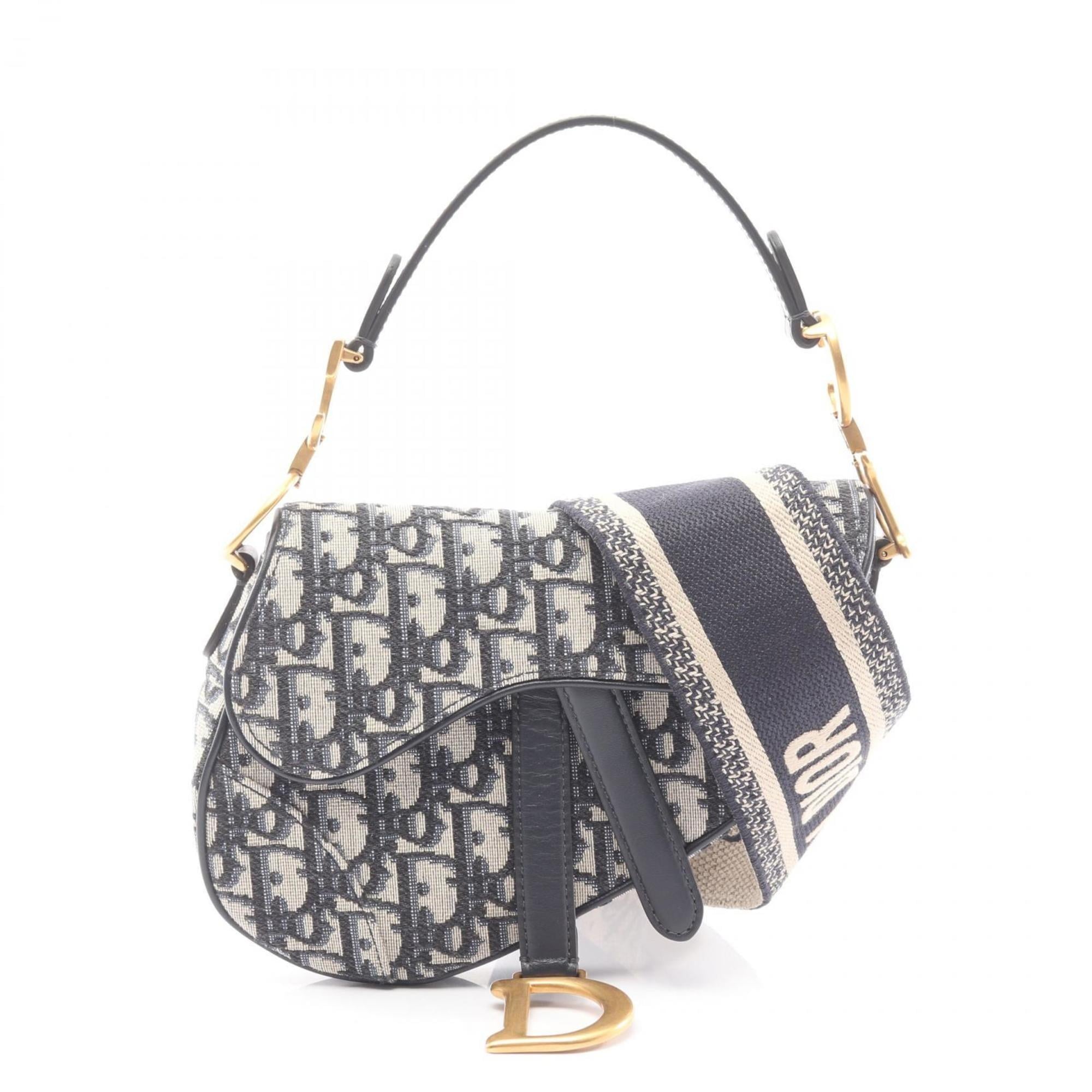 Christian Dior Beige Black Navy Canvas Leather Handbag Saddle Bag (Pre-Owned)