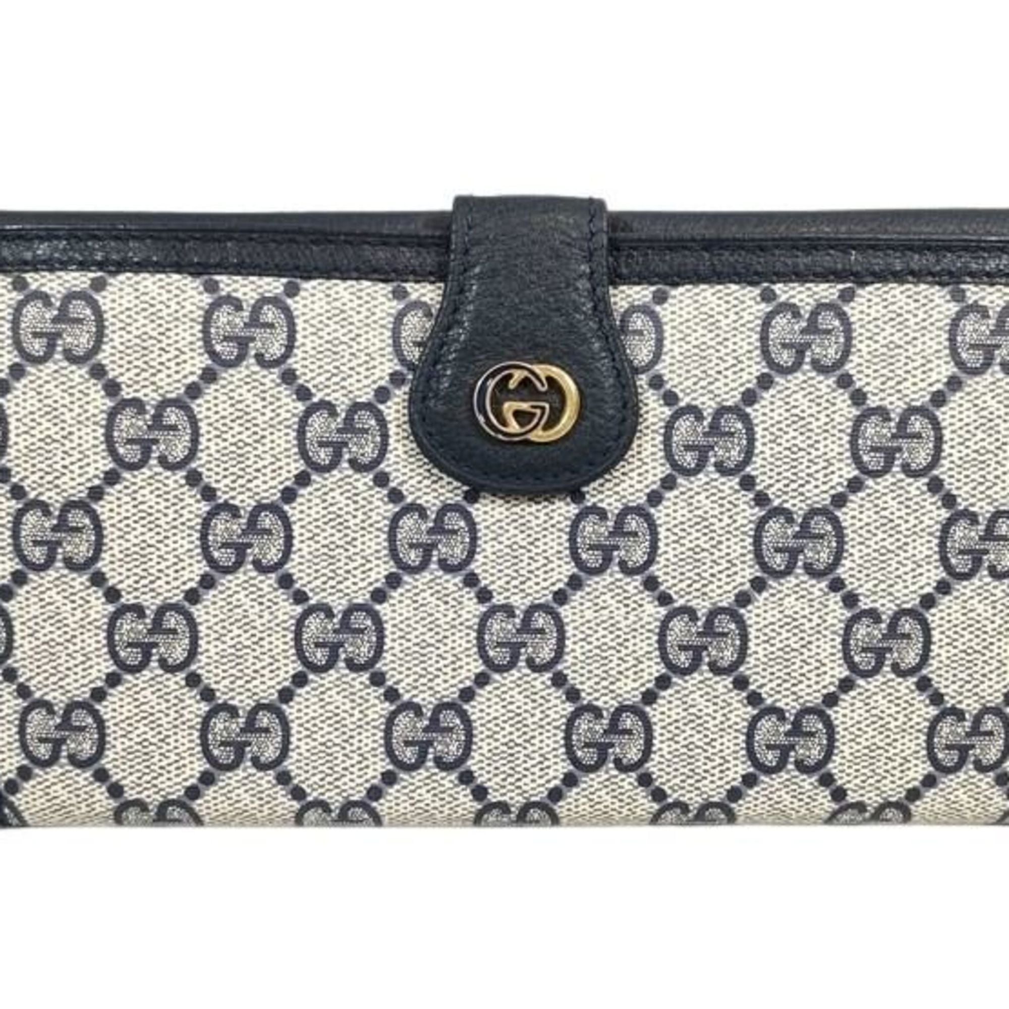 Gucci Gg Supreme Beige Navy Pvc Leather Long Wallet (Bi-Fold) (Pre-Owned)
