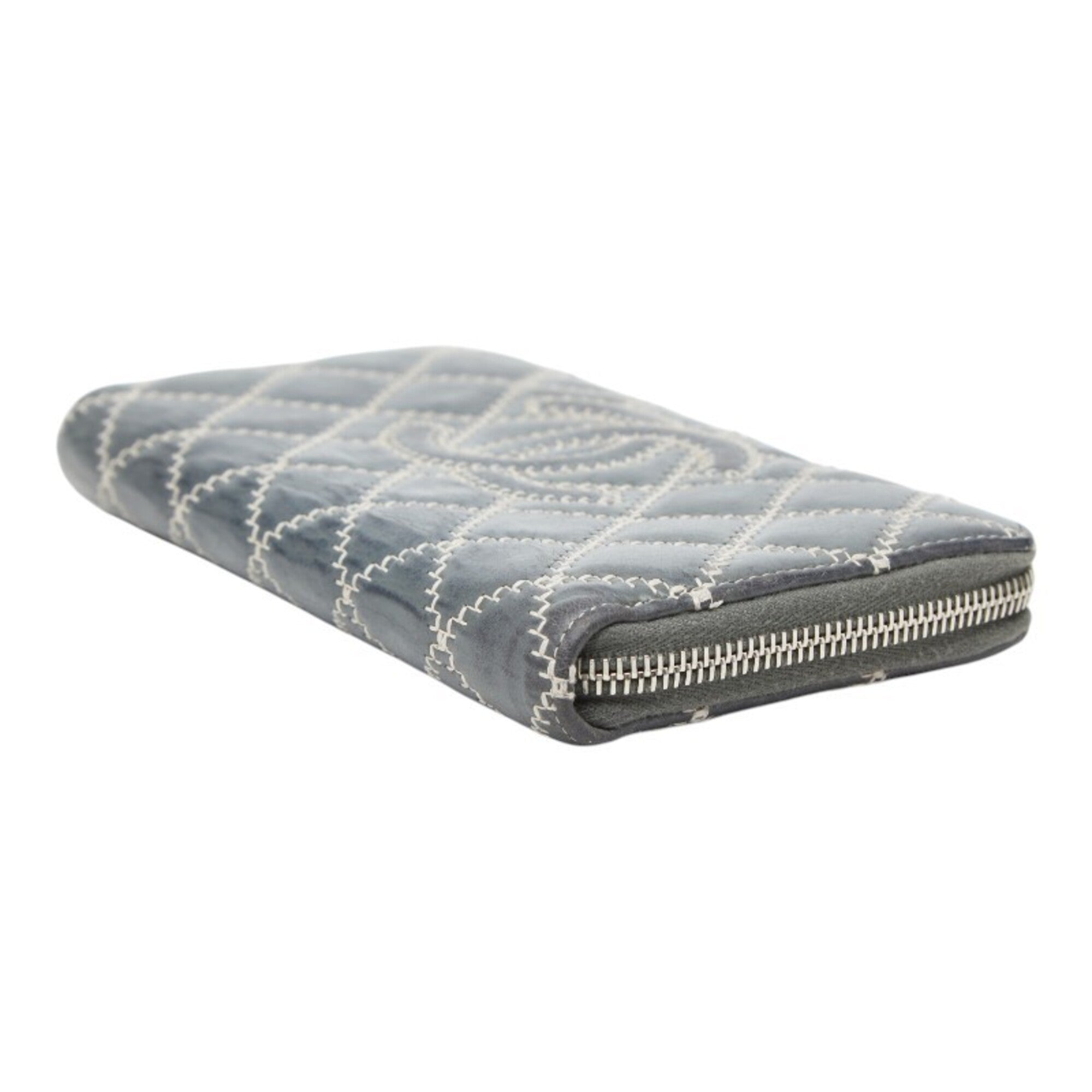 Chanel Gray Leather Long Wallet (Bi-Fold) (Pre-Owned)