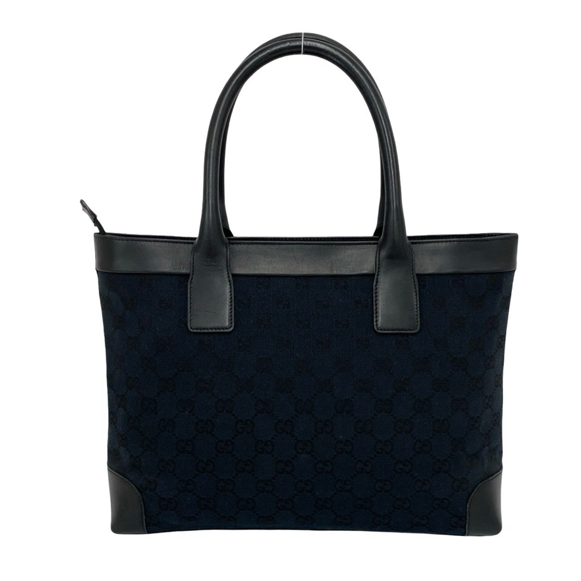 Gucci Black Navy Canvas Leather Handbag Tote Bag (Pre-Owned)