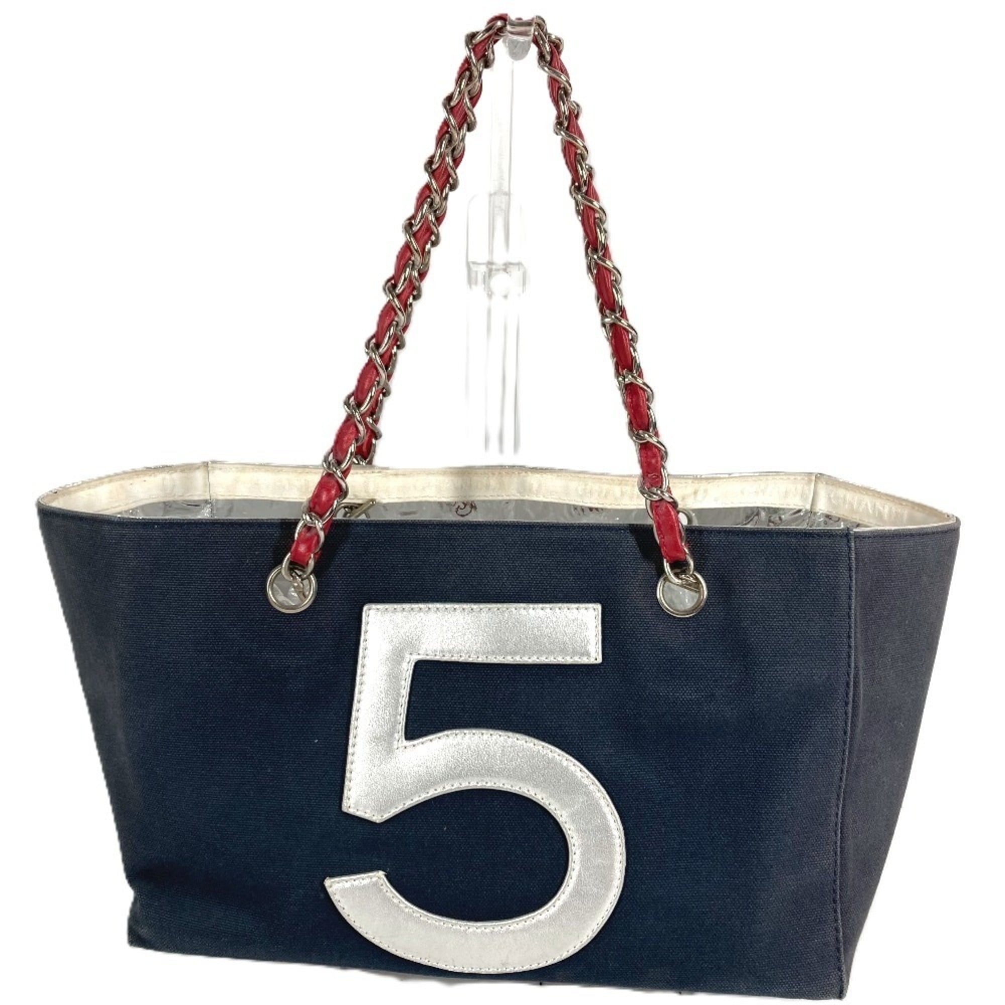 Chanel No.5 Navy Red Color Leather Canvas Shoulder Bag Tote Bag (Pre-Owned)