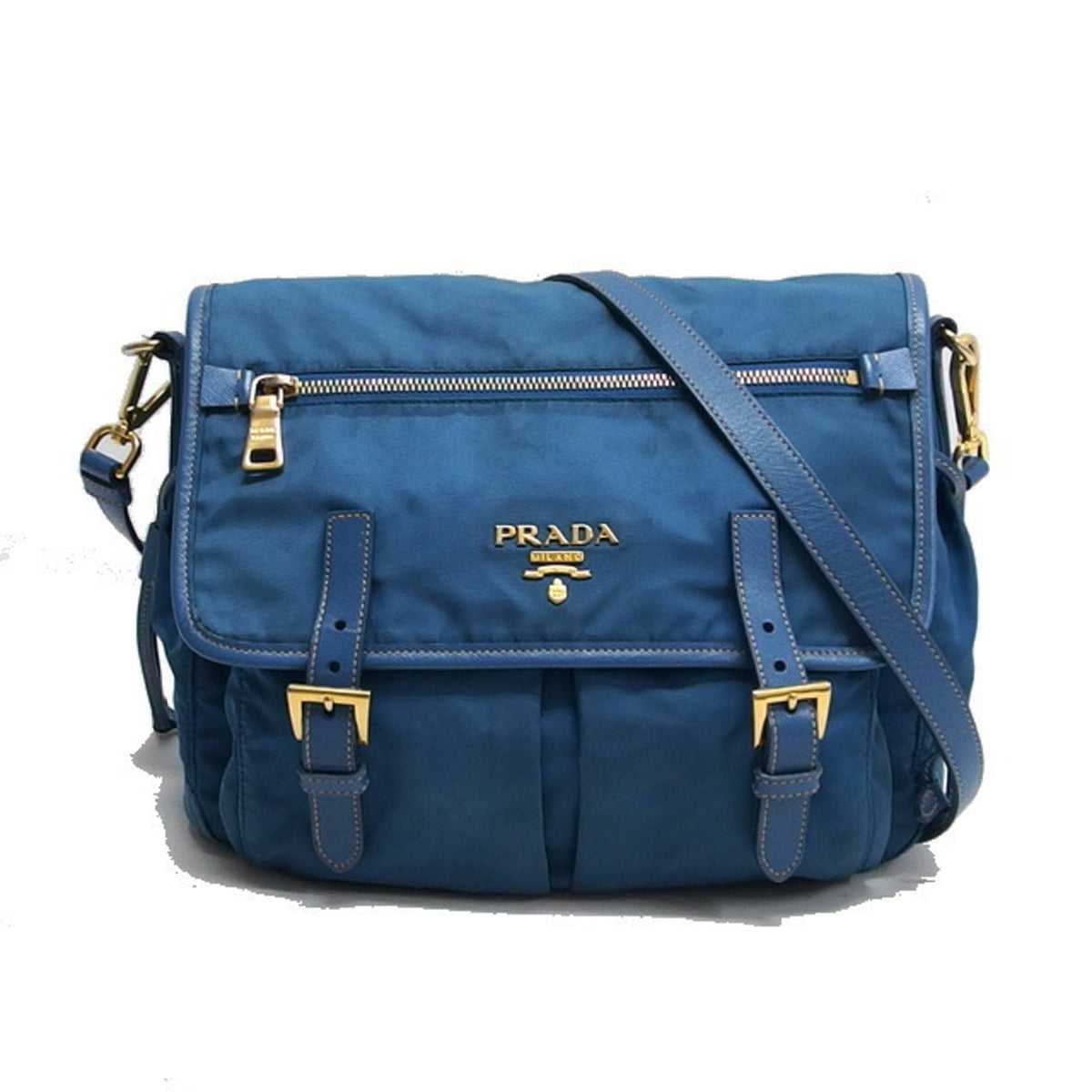 Prada Saffiano Blue Nylon Leather Shoulder Bag (Pre-Owned)