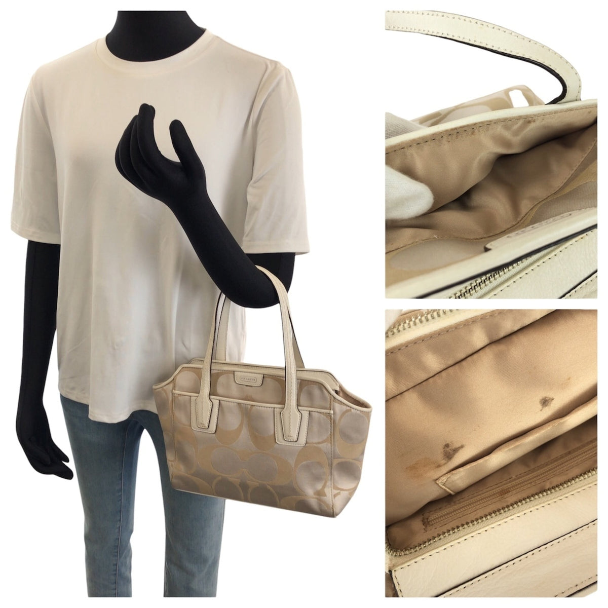 Coach Beige White Canvas Leather Shoulder Bag Tote Bag (Pre-Owned)