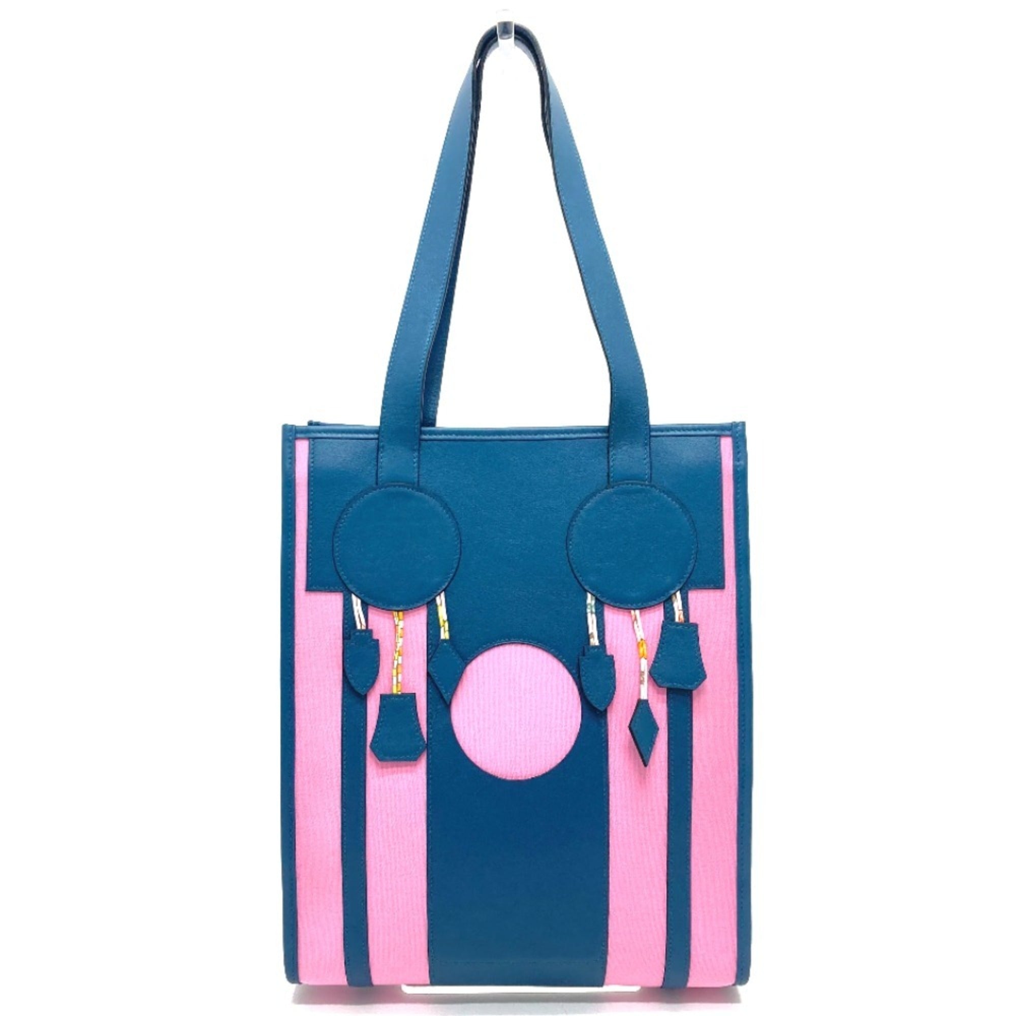 Hermes Petit H Navy Pink Leather Canvas Handbag Tote Bag (Pre-Owned)