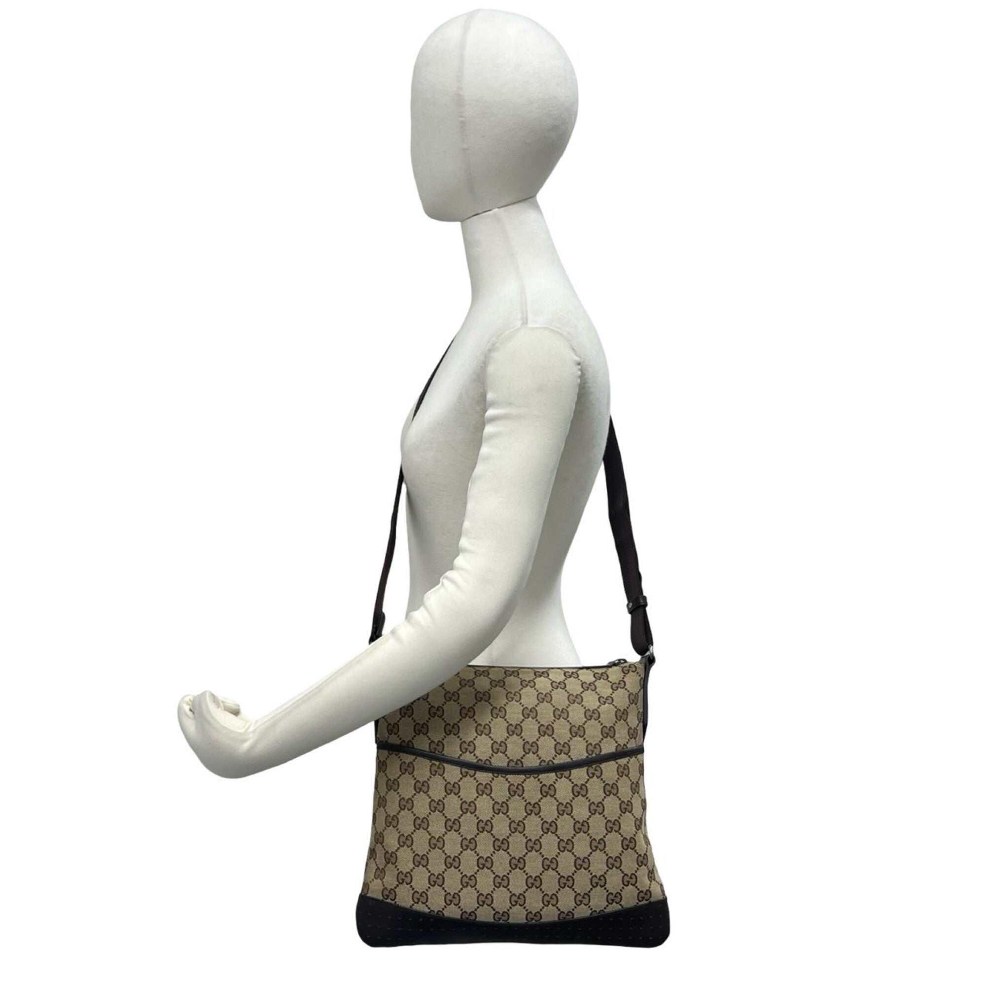 Gucci Beige Brown Canvas Leather Shoulder Bag (Pre-Owned)