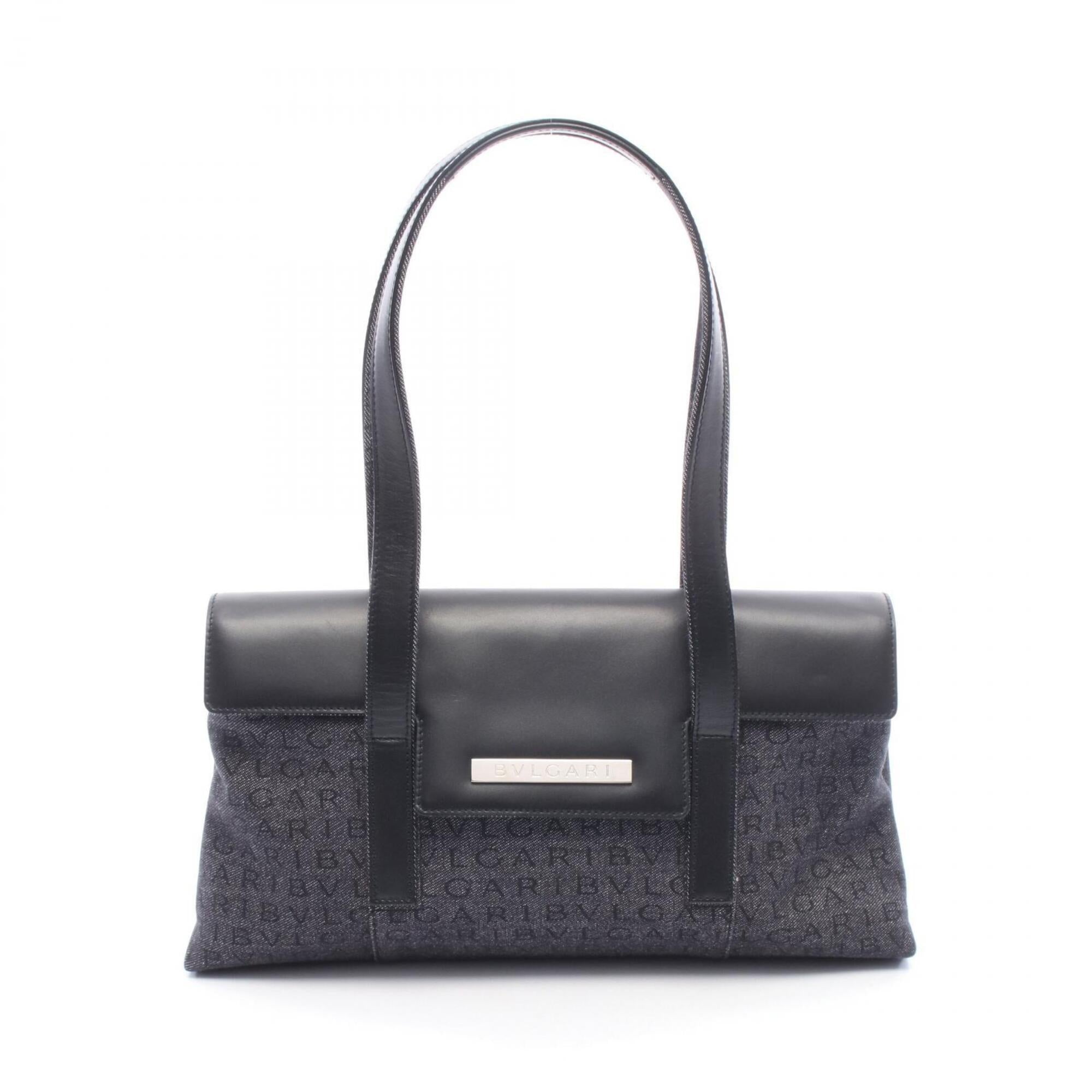 Bvlgari Black Navy Denim Leather Handbag Shoulder Bag (Pre-Owned)