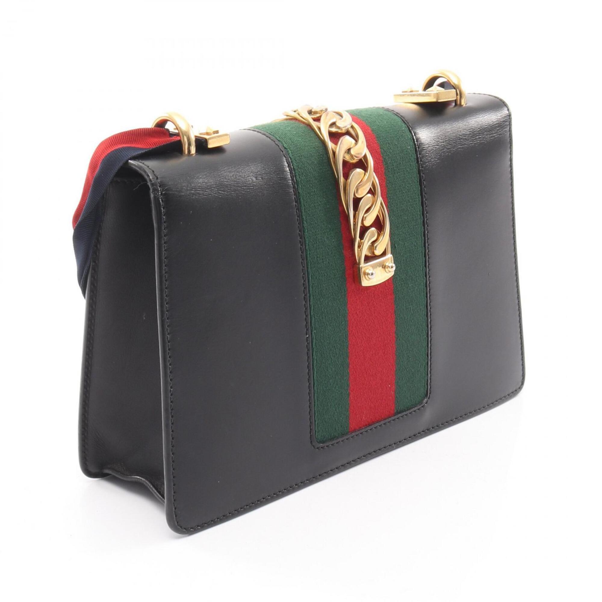 Gucci Black Green Red Color Leather Handbag Shoulder Bag (Pre-Owned)