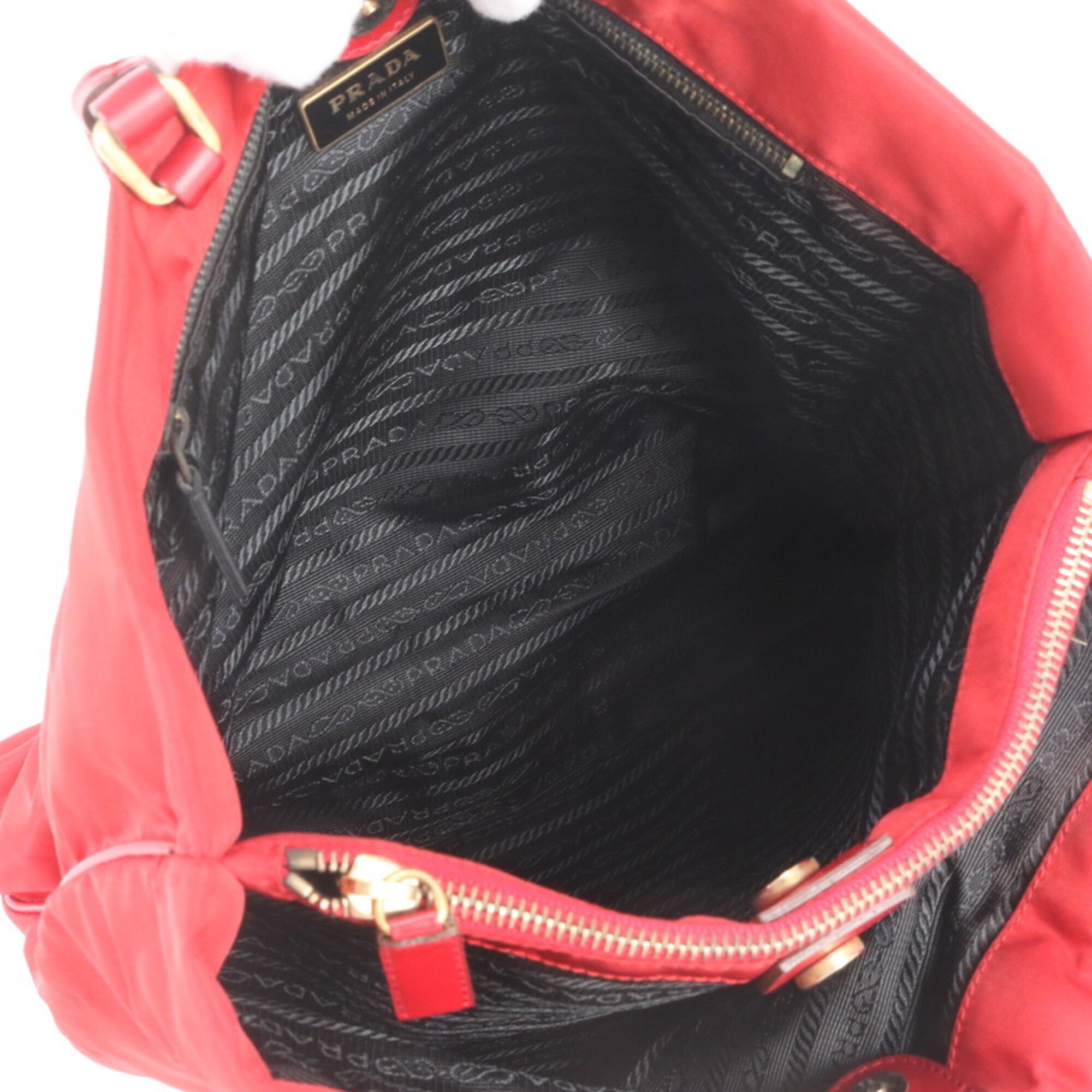 Prada Red Color Nylon Leather Handbag Shoulder Bag Tote Bag (Pre-Owned)