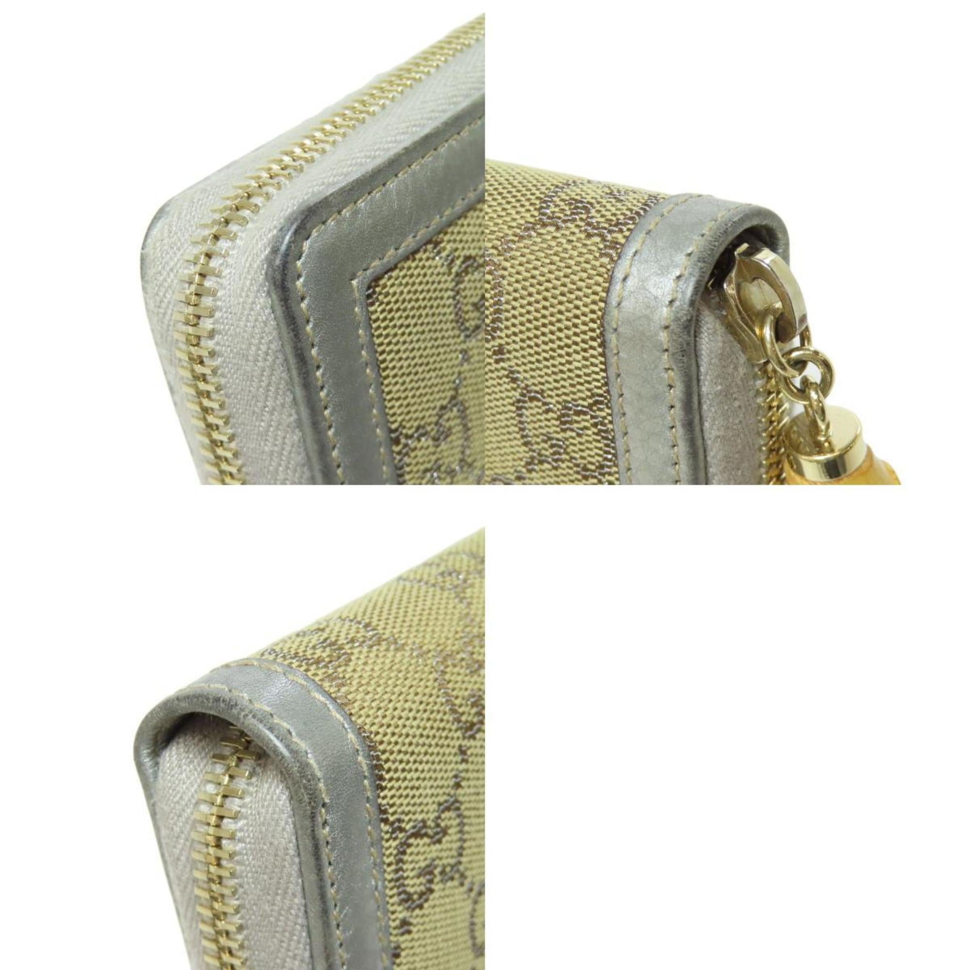 Gucci Brown Silver Canvas Leather Long Wallet (Bi-Fold) (Pre-Owned)