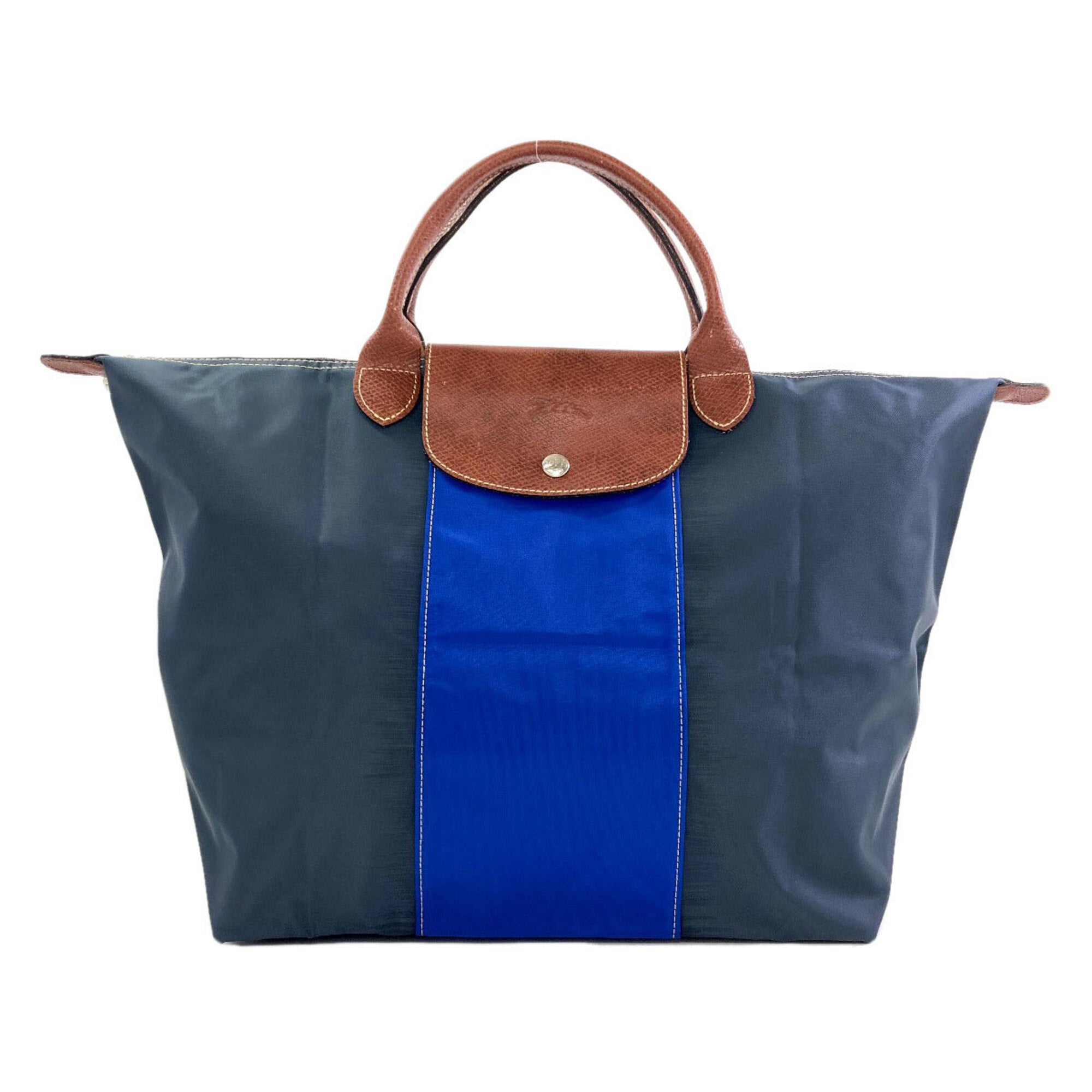 Longchamp Le Pliage Blue Brown Gray Nylon Handbag (Pre-Owned)