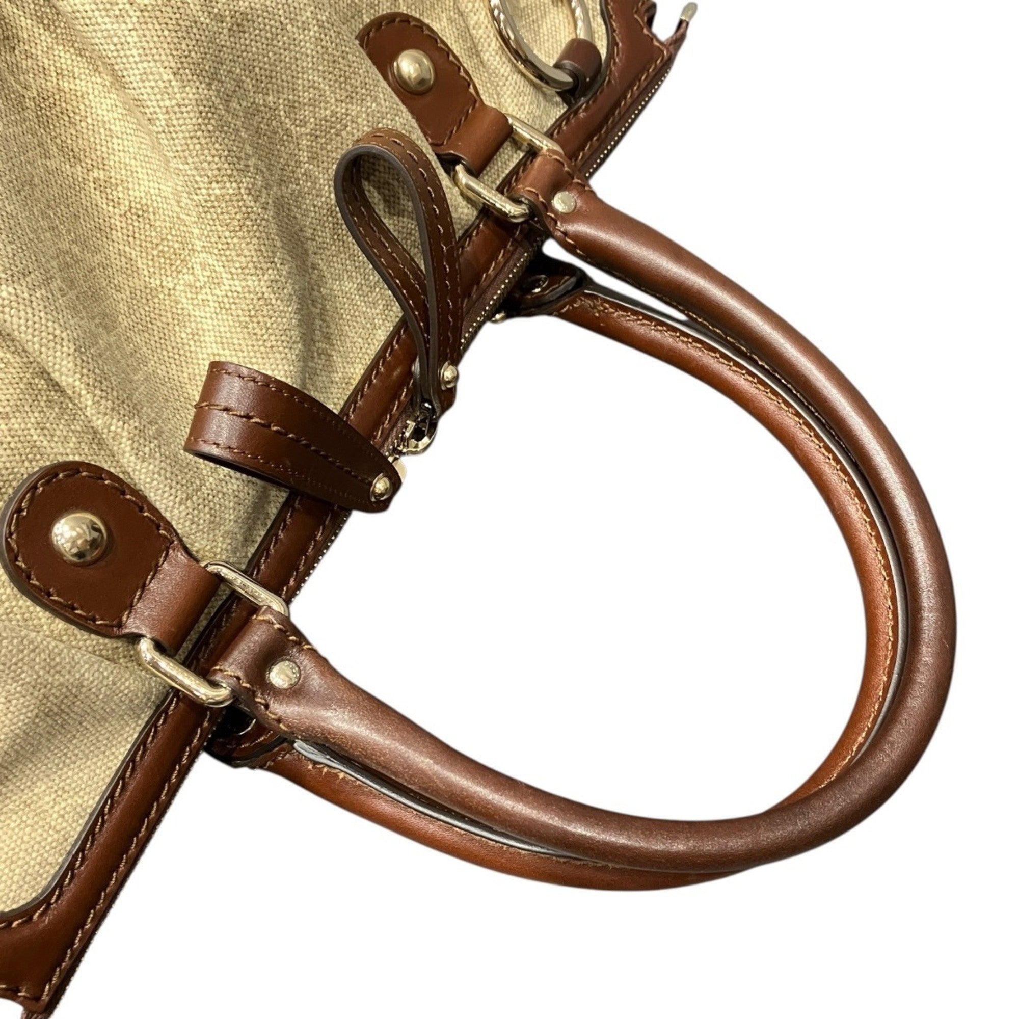 Gucci Beige Brown Gold Canvas Leather Handbag (Pre-Owned)