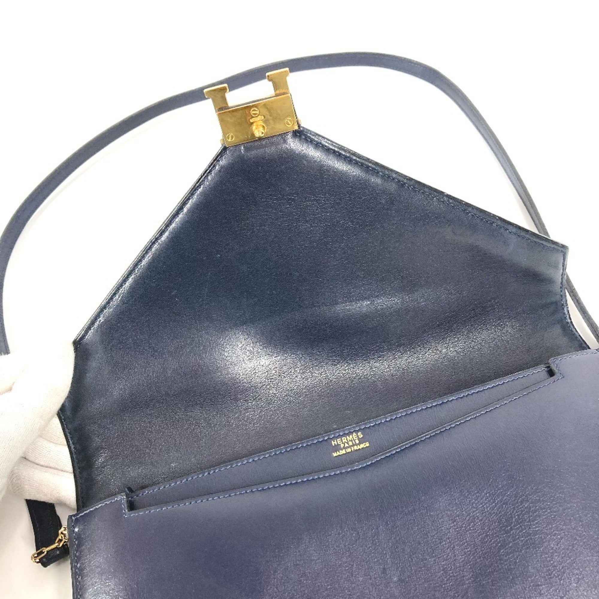 Hermes Navy Box Calf Leather Clutch Bag Shoulder Bag (Pre-Owned)
