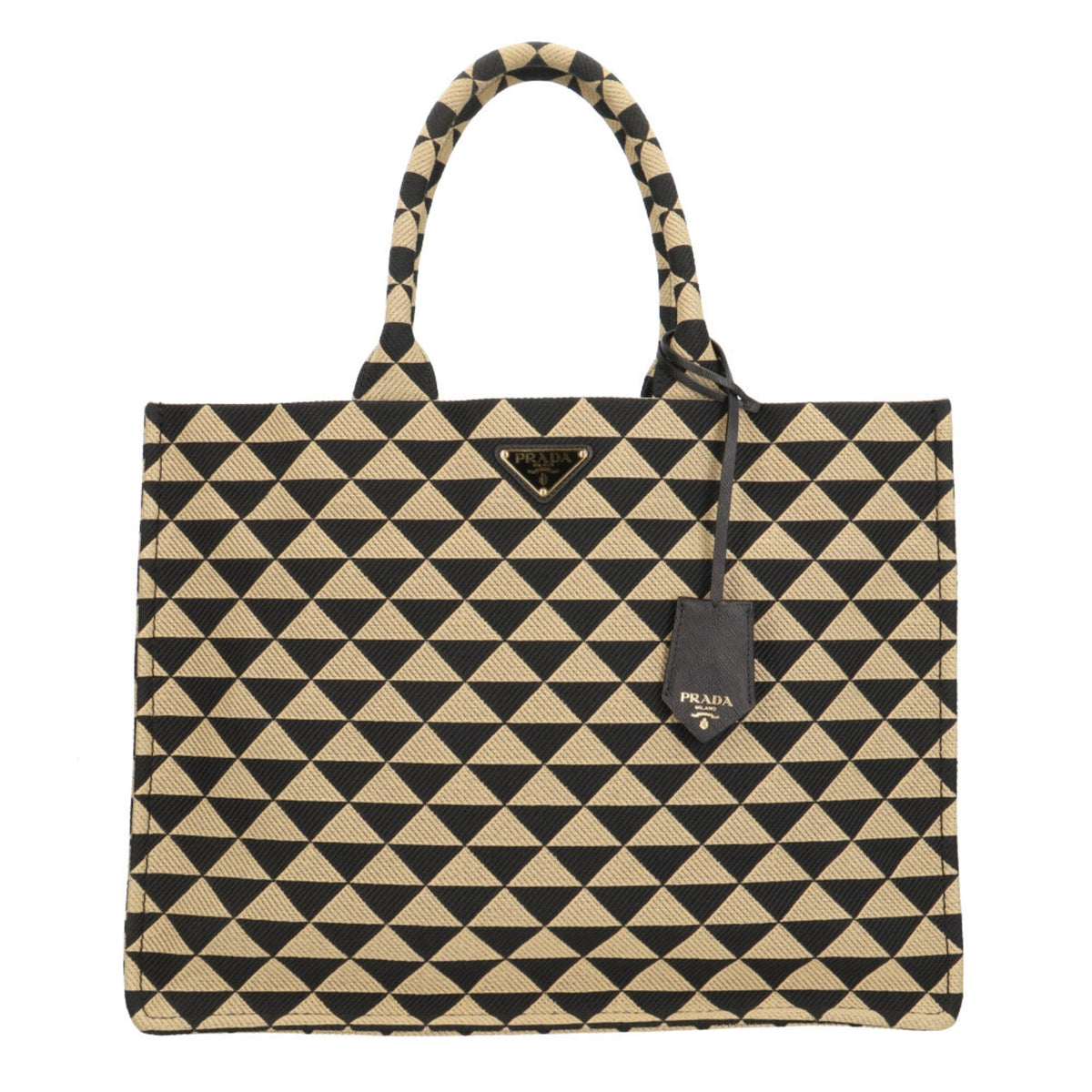Prada Beige Black Fabric Leather Handbag Tote Bag (Pre-Owned)