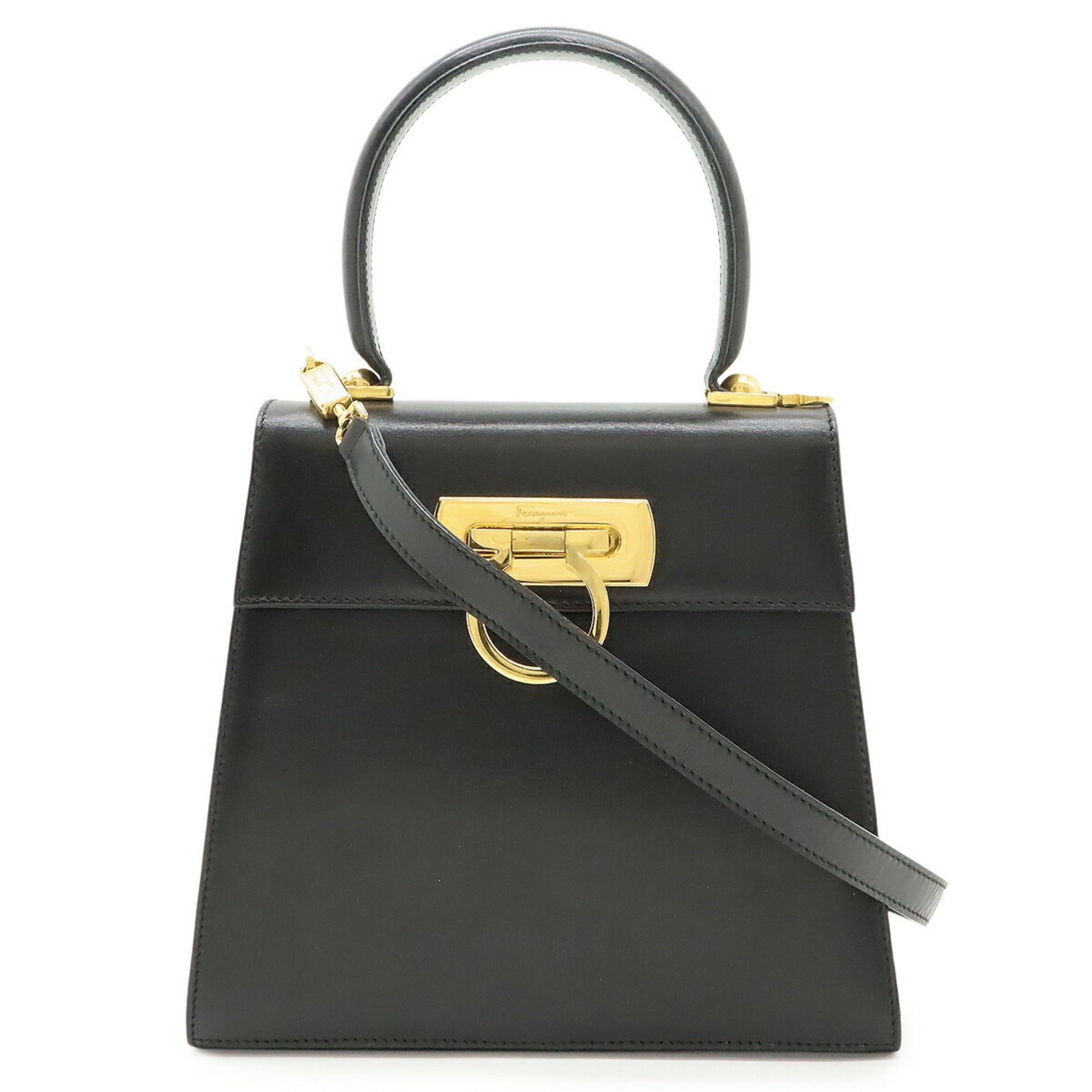 Salvatore Ferragamo Gancini Black Leather Handbag Shoulder Bag (Pre-Owned)