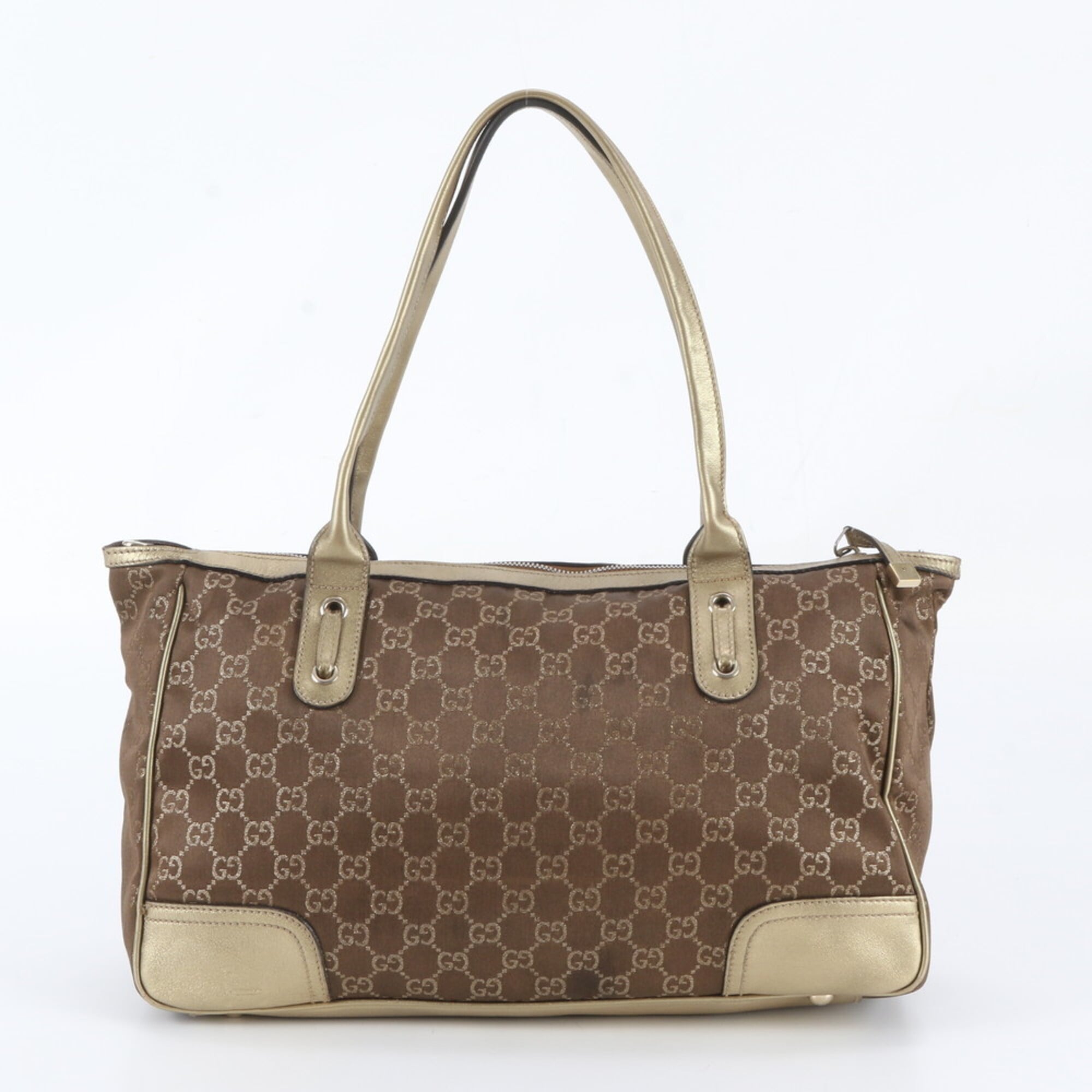 Gucci Brown Gold Leather Canvas Handbag Shoulder Bag Tote Bag (Pre-Owned)