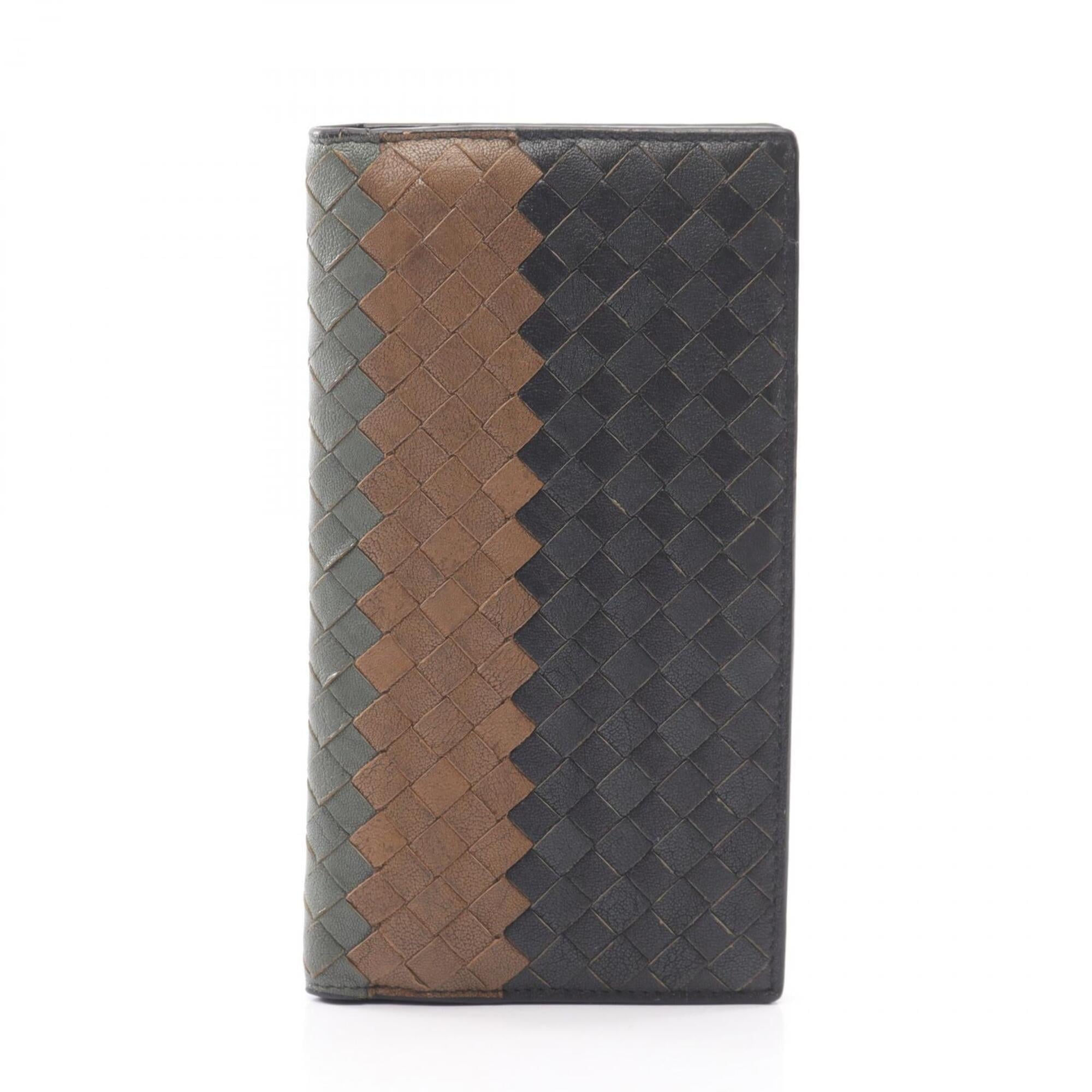 Bottega Veneta Intrecciato Beige Green Navy Leather Long Wallet (Bi-Fold) (Pre-Owned)