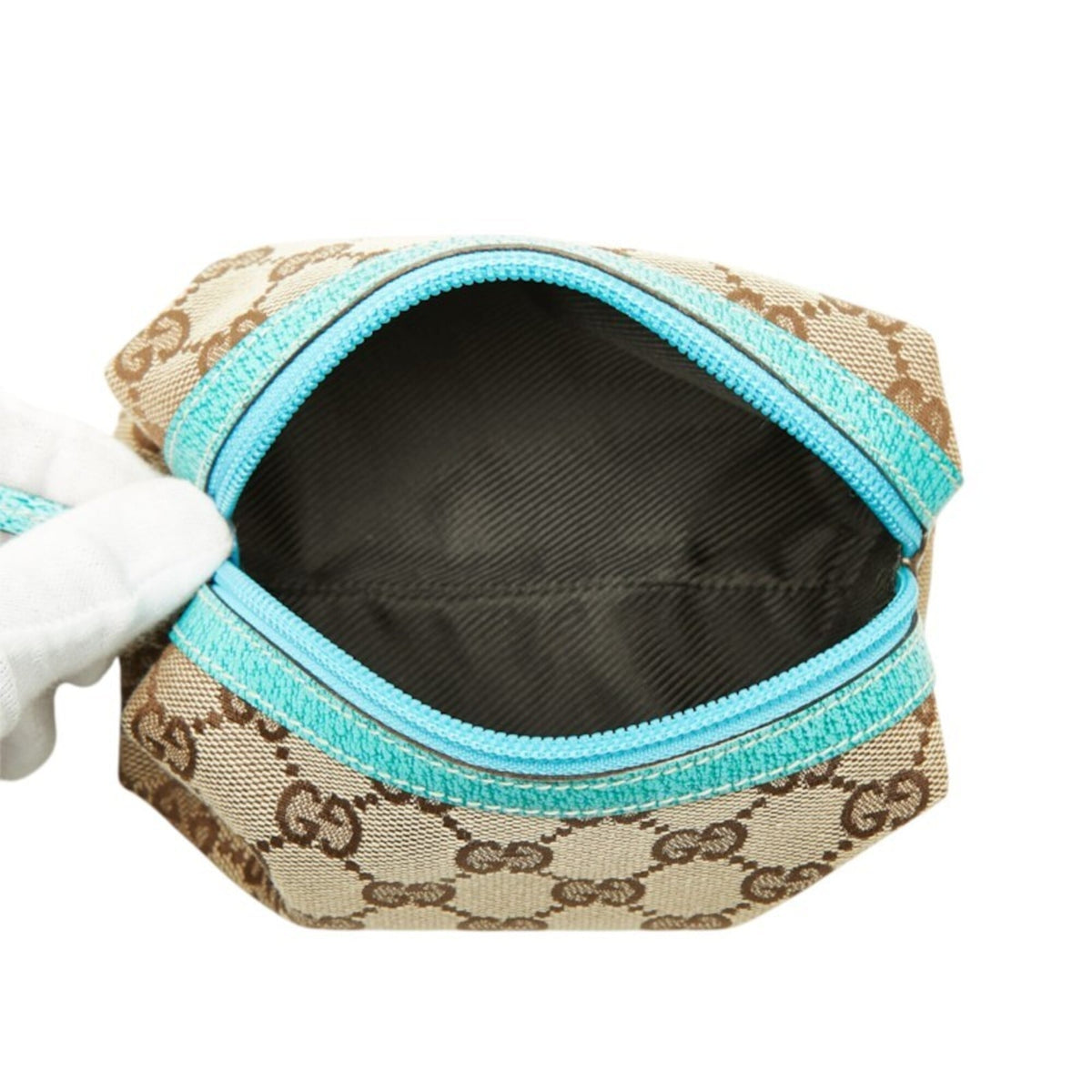 Gucci Beige Blue Canvas Leather Handbag Pouch (Pre-Owned)