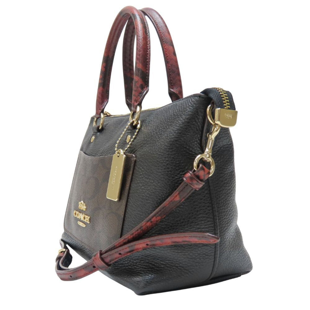 Coach Signature Black Bordeaux Brown Leather Coated Canvas Handbag (Pre-Owned)