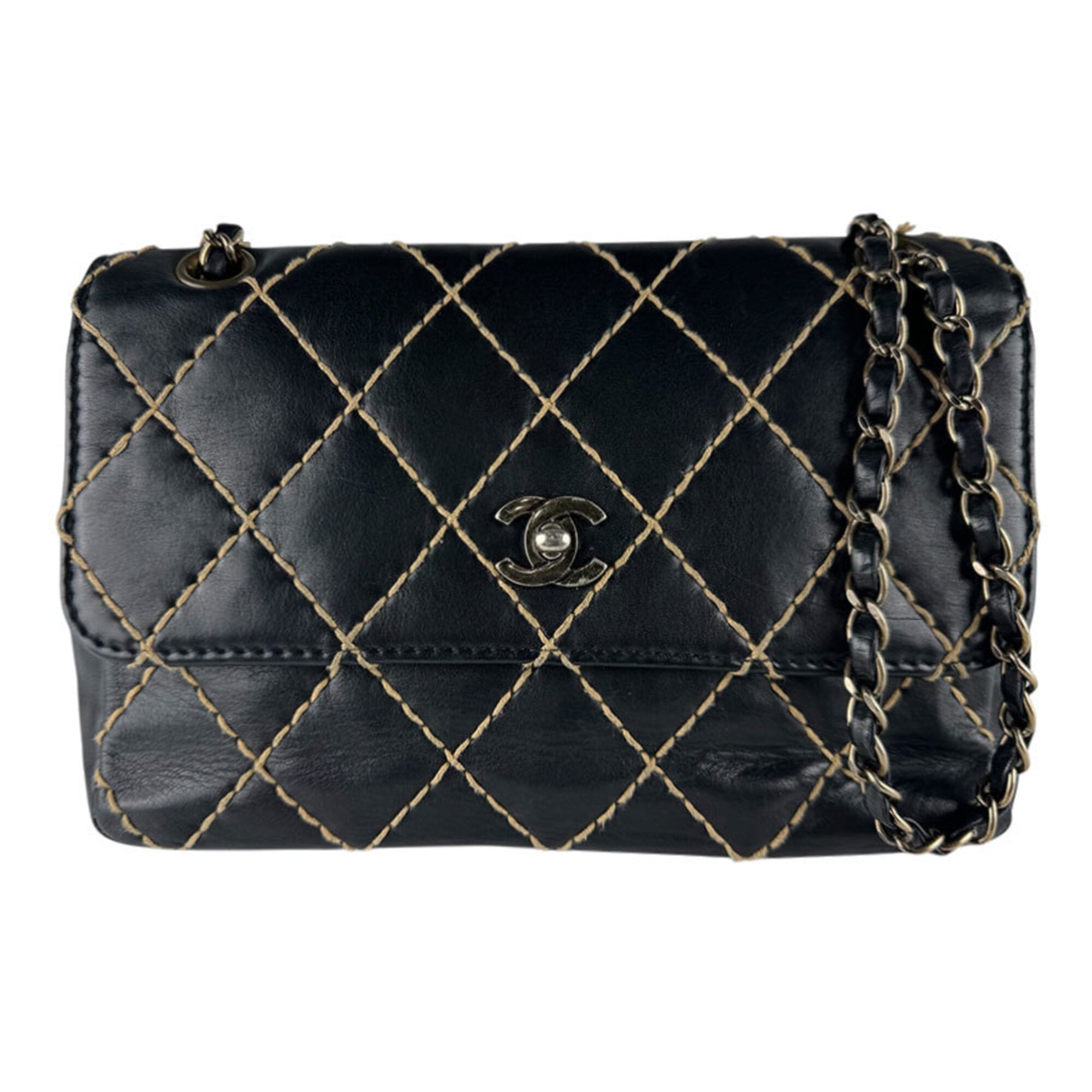 Chanel Beige Black Leather Shoulder Bag (Pre-Owned)