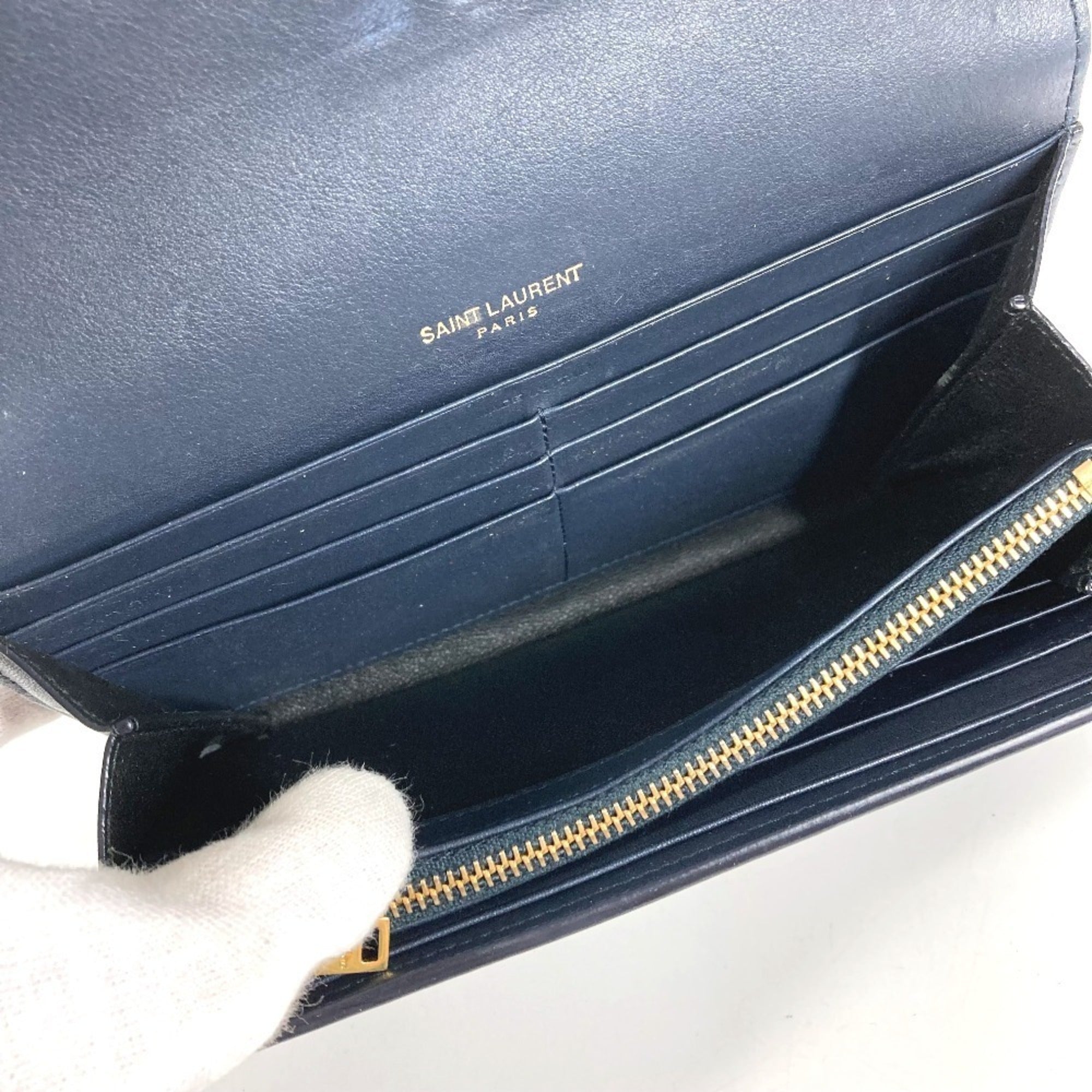 Yves Saint Laurent Navy Leather Long Wallet (Tri-Fold) (Pre-Owned)
