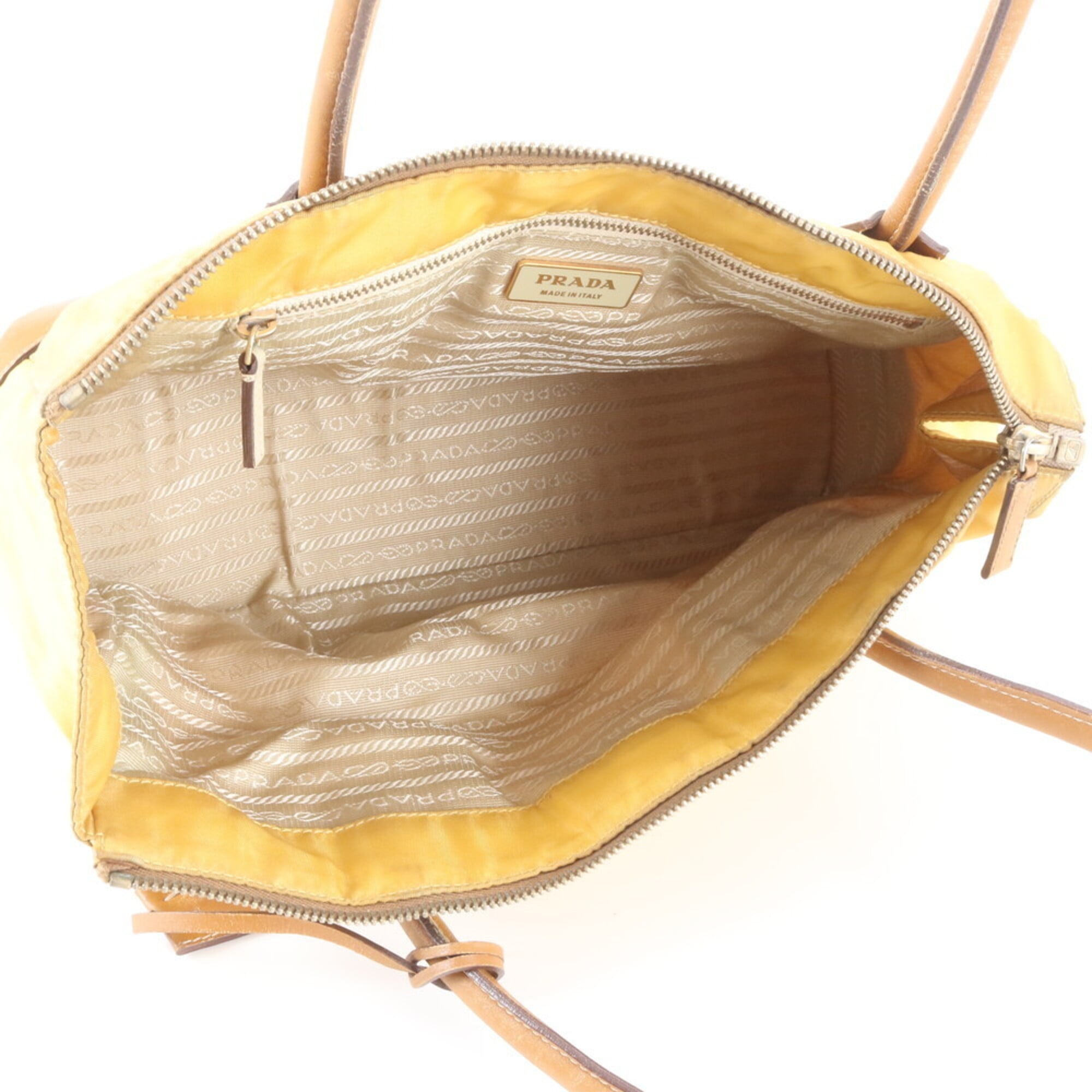 Prada Brown Yellow Nylon Leather Handbag Shoulder Bag Tote Bag (Pre-Owned)