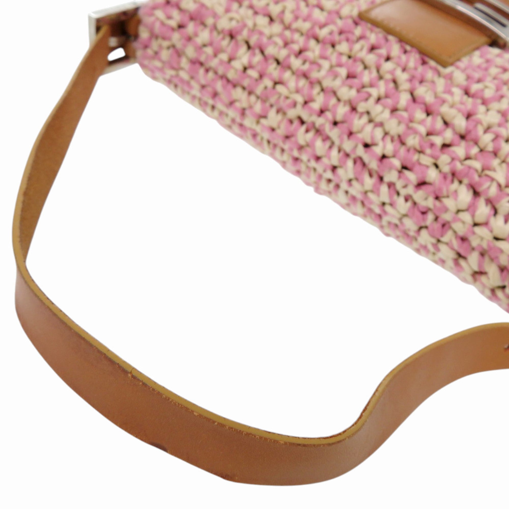 Fendi Brown Ivory Pink Straw Cotton Leather Handbag Shoulder Bag (Pre-Owned)