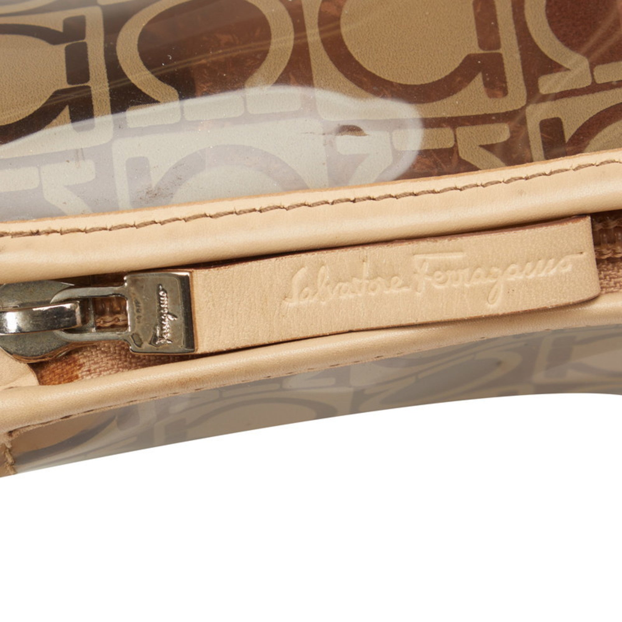 Salvatore Ferragamo Gancini Beige Brown Vinyl Pouch (Pre-Owned)