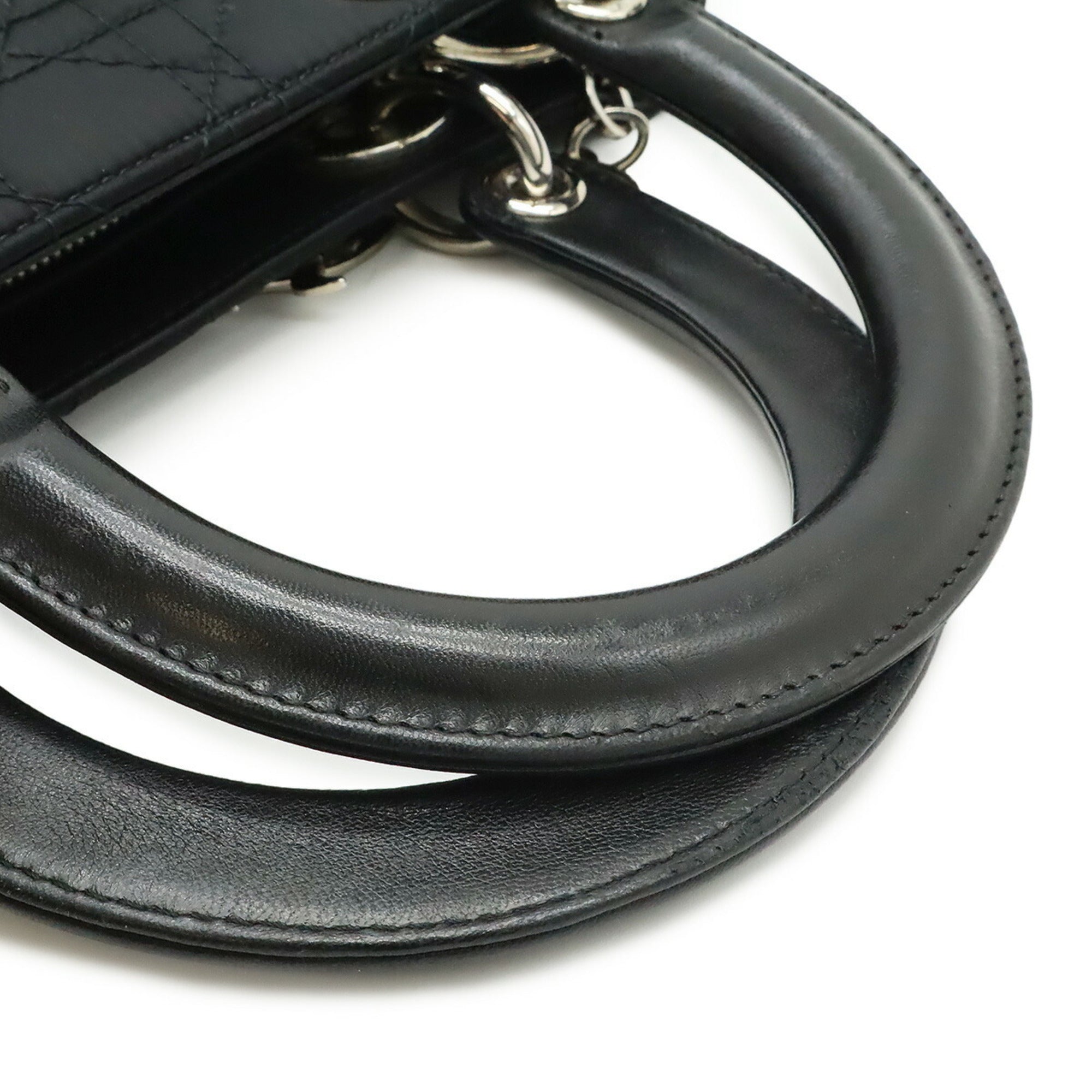 Christian Dior Lady Dior Black Satin Leather Handbag Shoulder Bag (Pre-Owned)