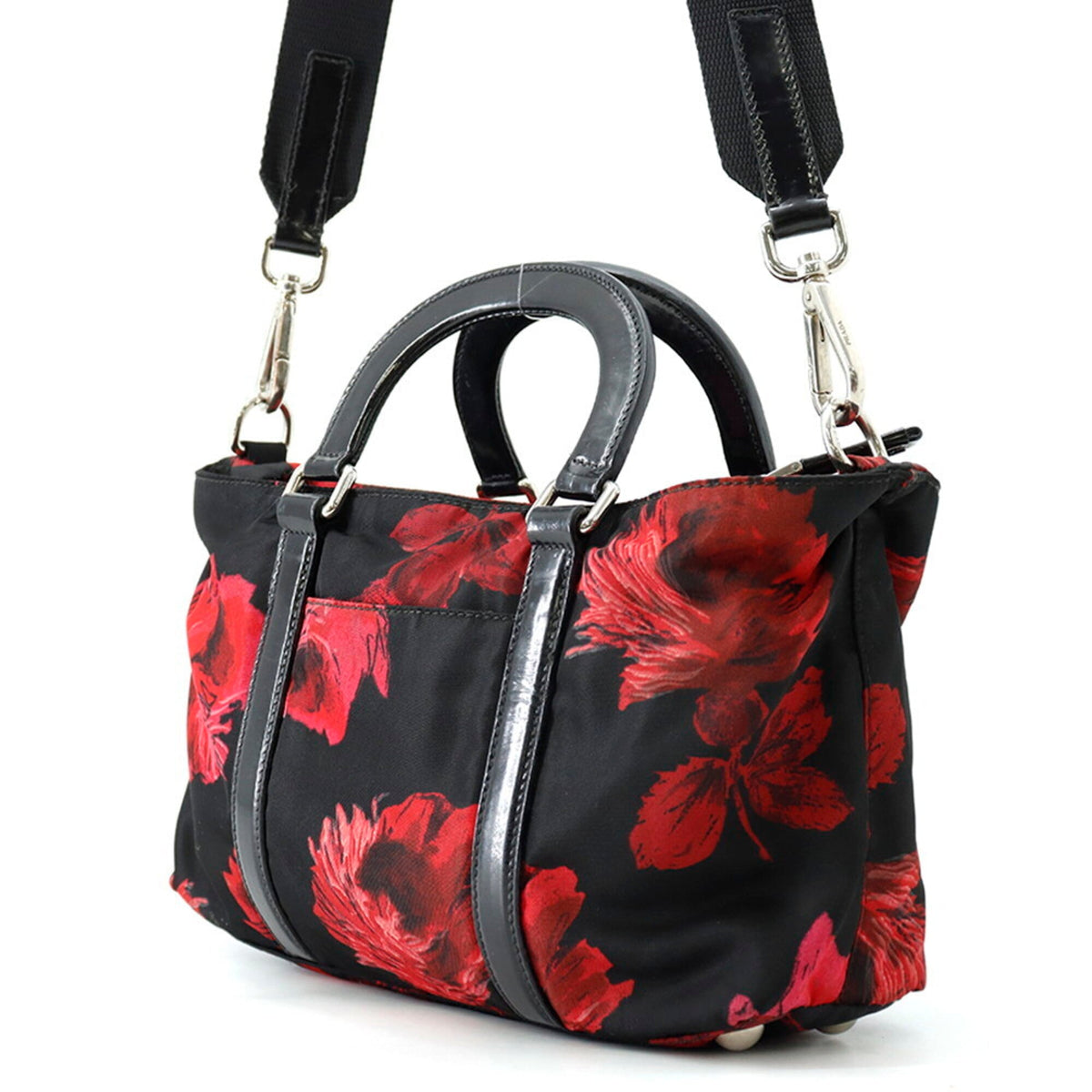 Prada Black Red Color Nylon Leather Handbag (Pre-Owned)