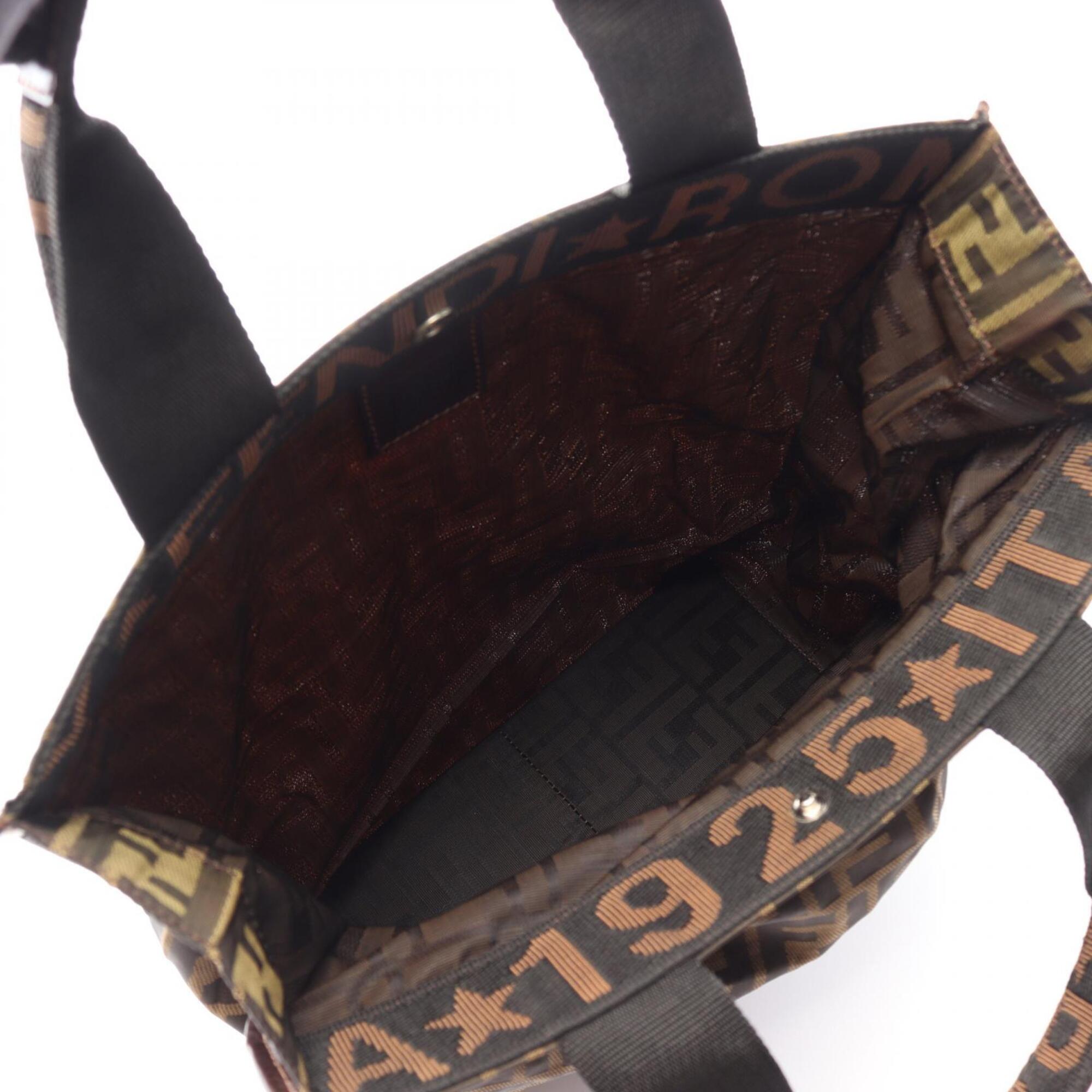Fendi Brown Leather Canvas Handbag Tote Bag (Pre-Owned)