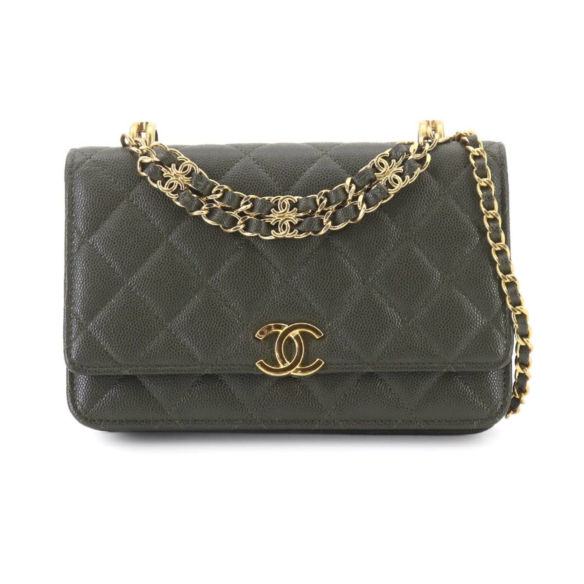 Chanel Green Leather Chain/Shoulder Wallet (Pre-Owned)