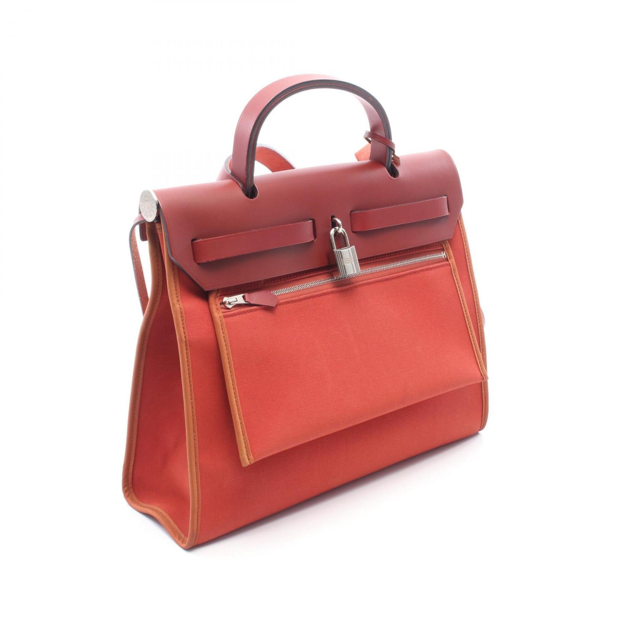 Hermes Red Color Rouge H Toile Officier Leather Handbag (Pre-Owned)