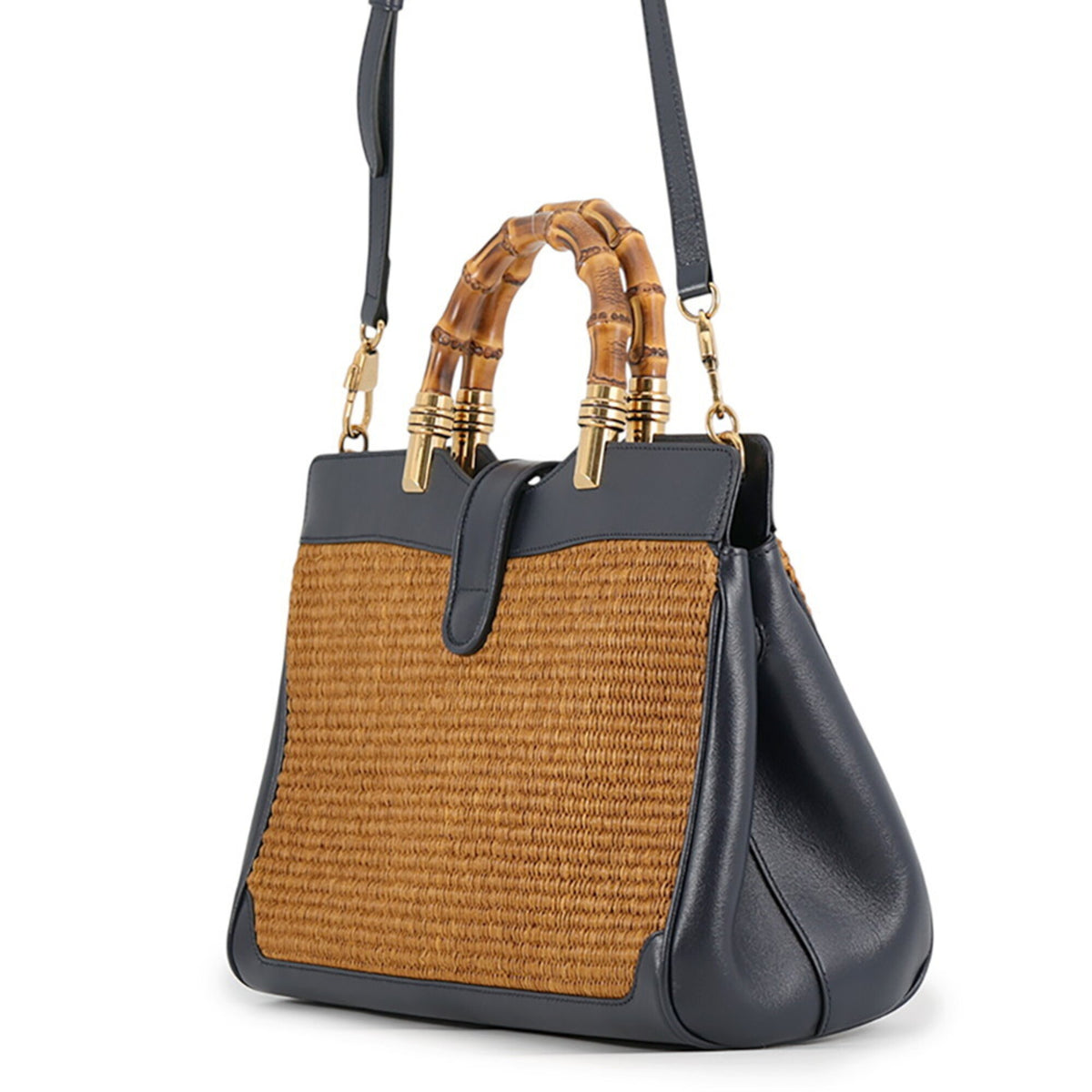 Gucci Gg Marmont Brown Navy Raffia Leather Handbag Shoulder Bag (Pre-Owned)